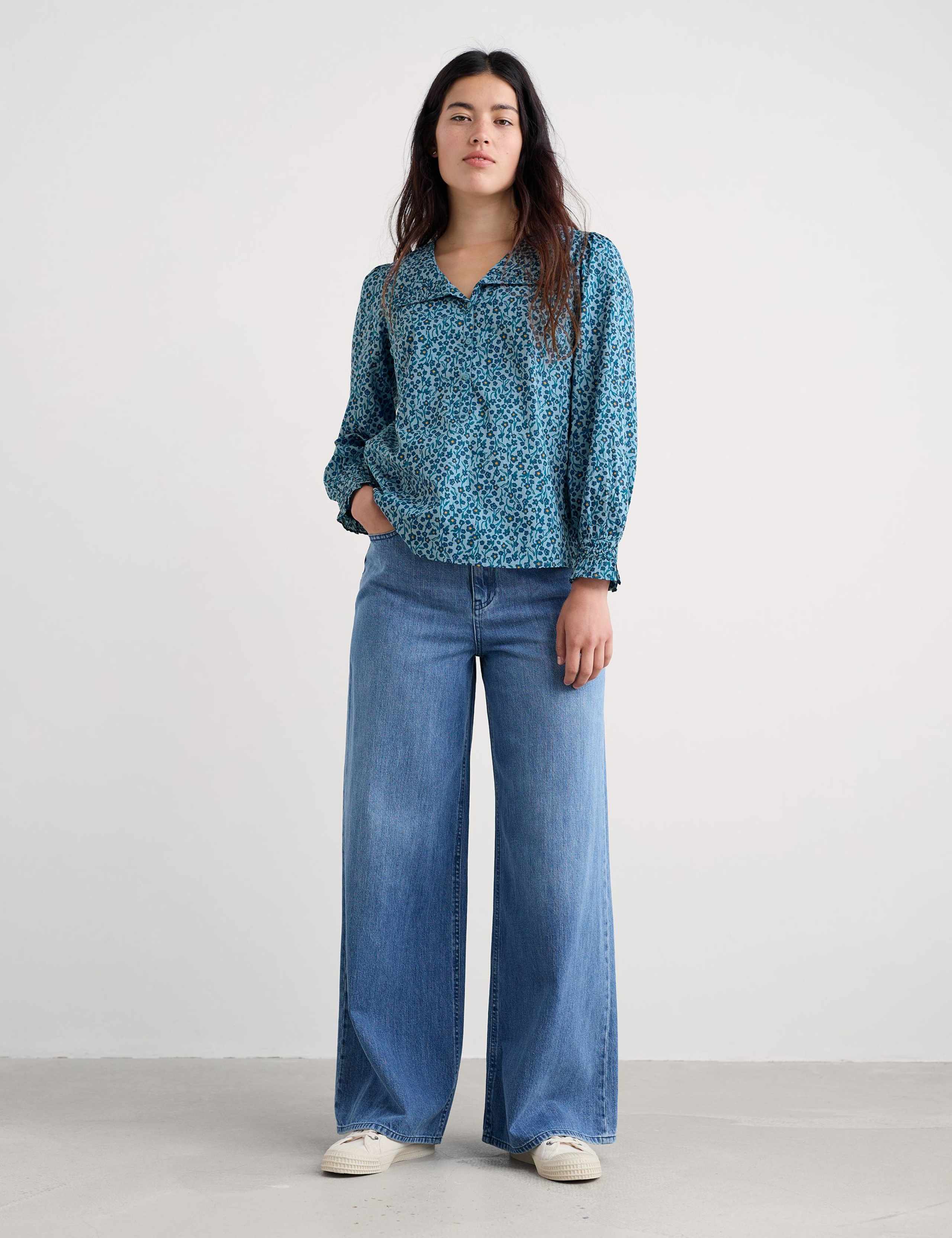 Pure Cotton Floral V-Neck Collared Blouse 1 of 5