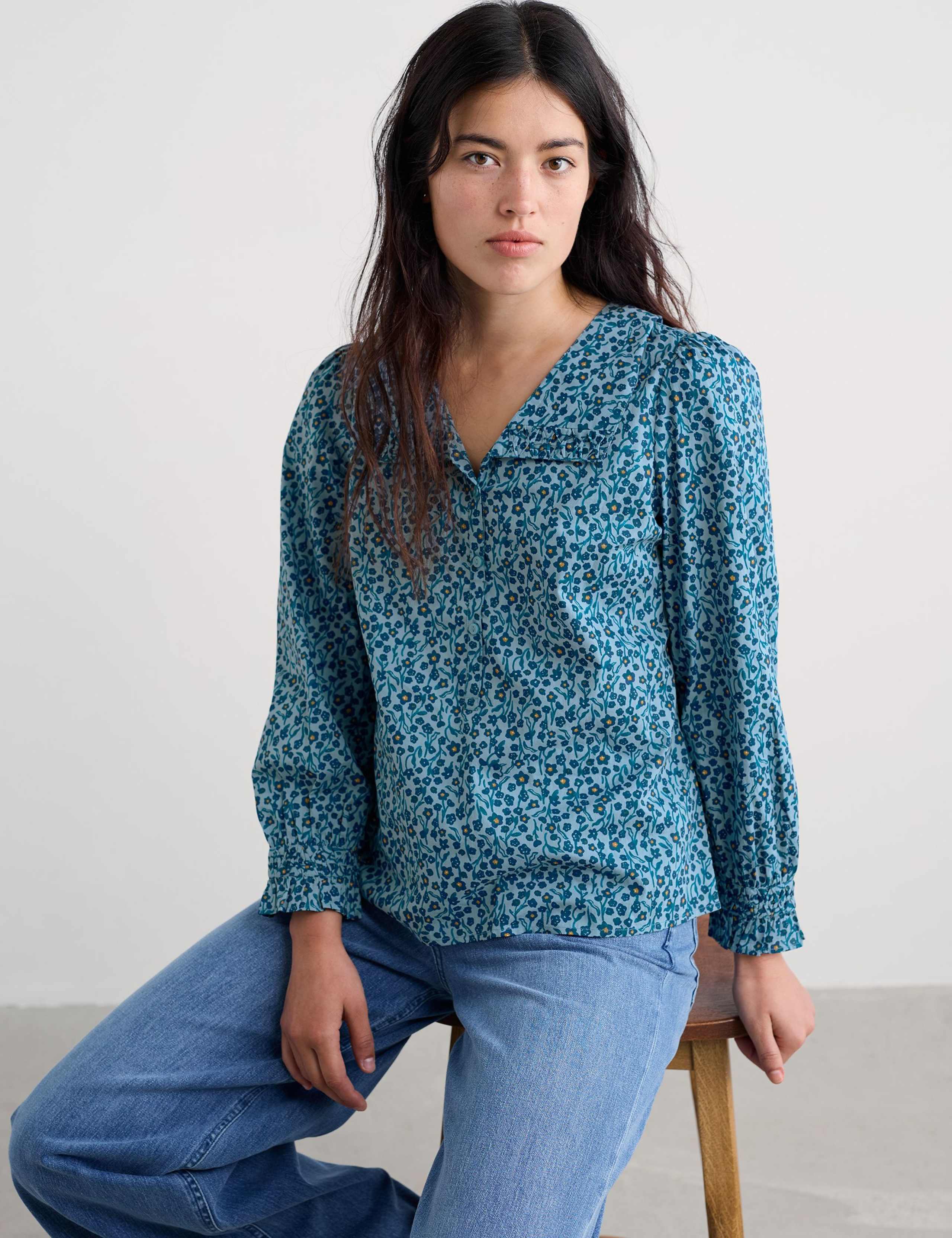 Pure Cotton Floral V-Neck Collared Blouse 3 of 5