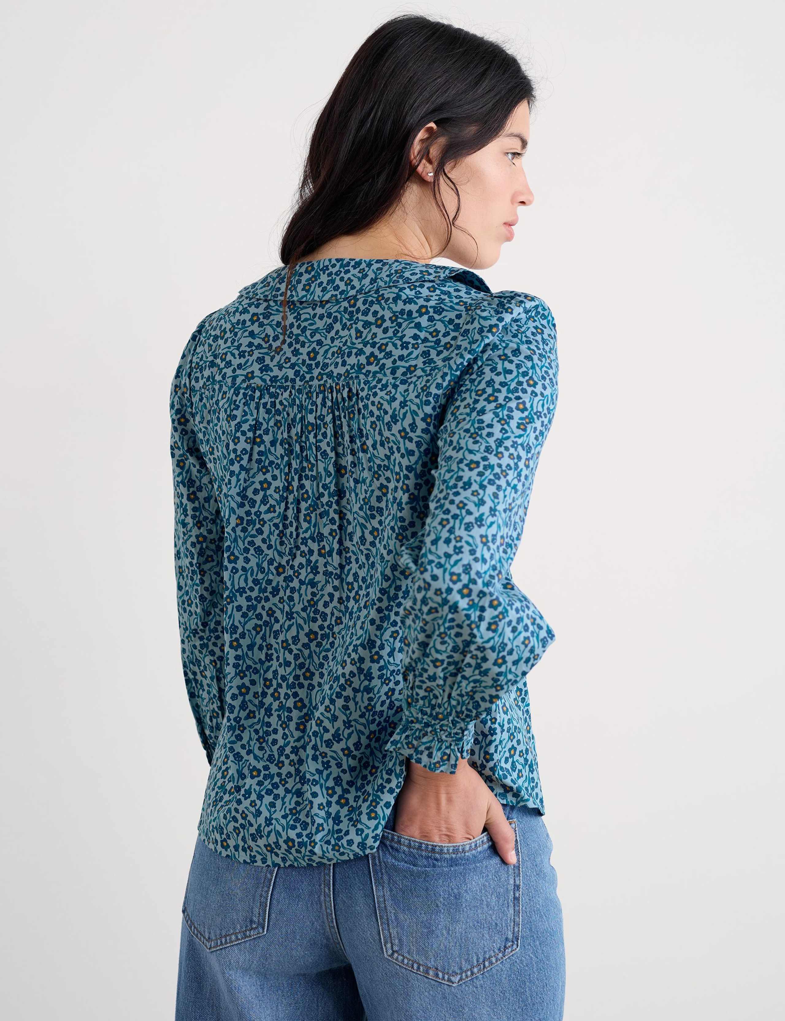 Pure Cotton Floral V-Neck Collared Blouse 4 of 5