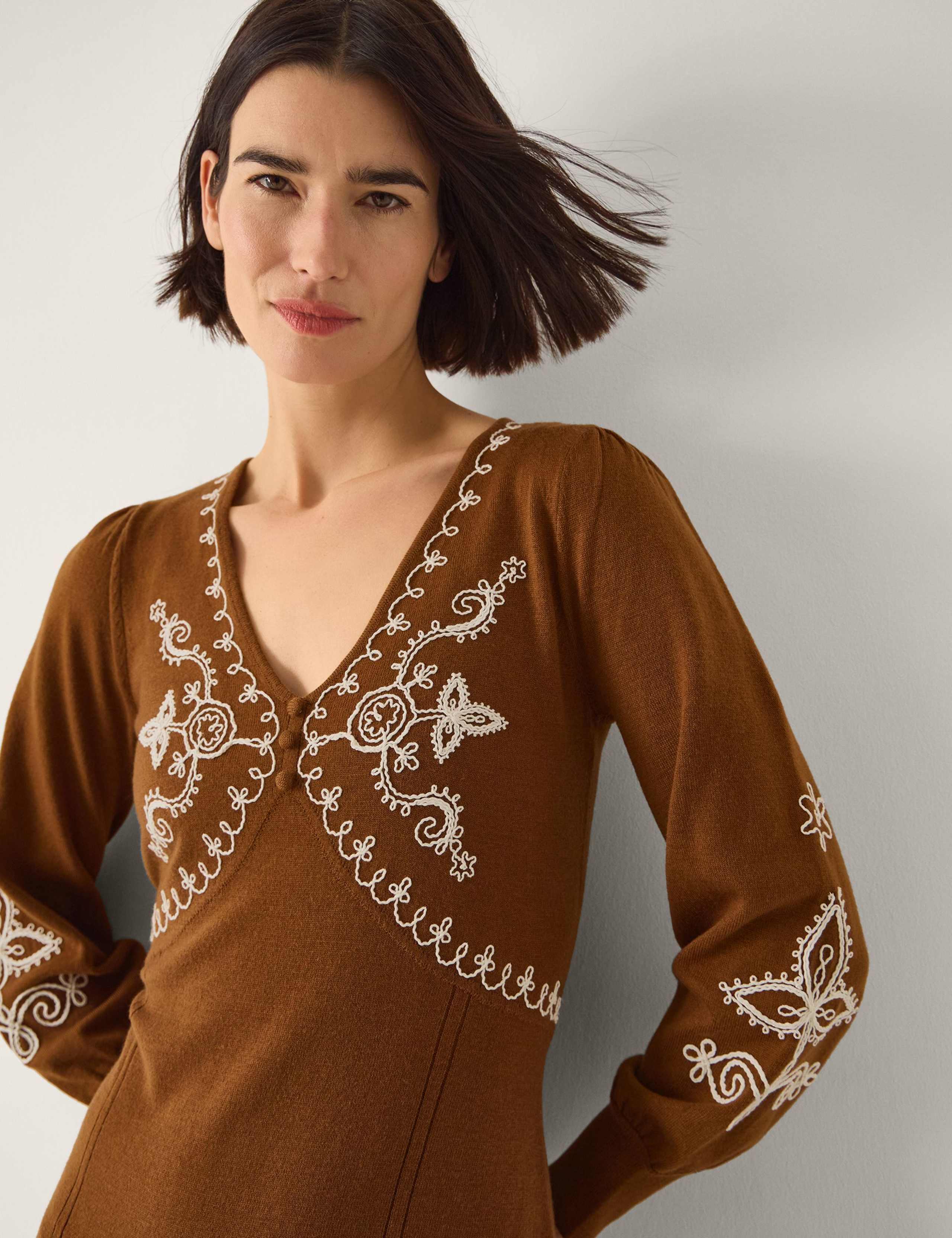 Embroidered V-Neck Knitted Midi Skater Dress 5 of 6