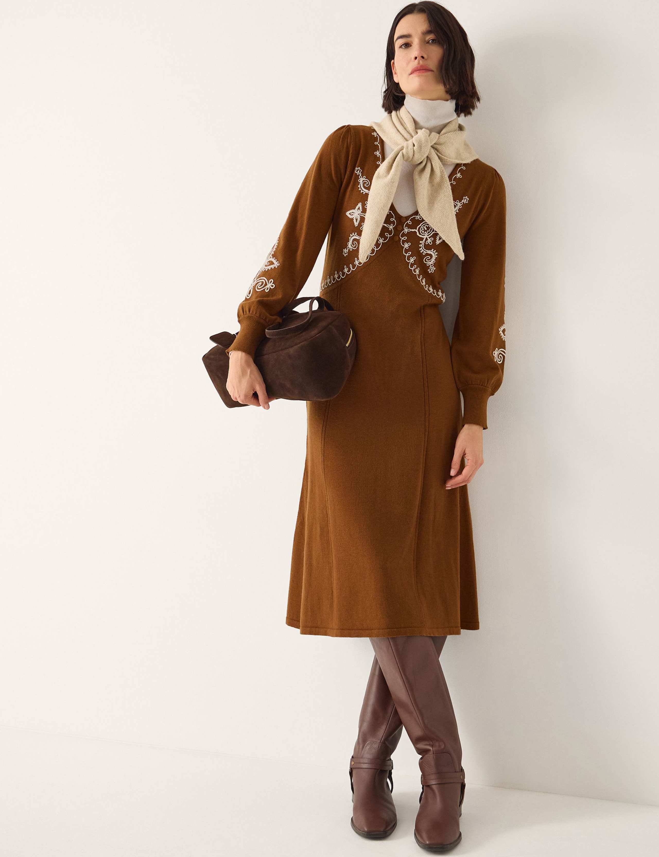 Embroidered V-Neck Knitted Midi Skater Dress 6 of 6