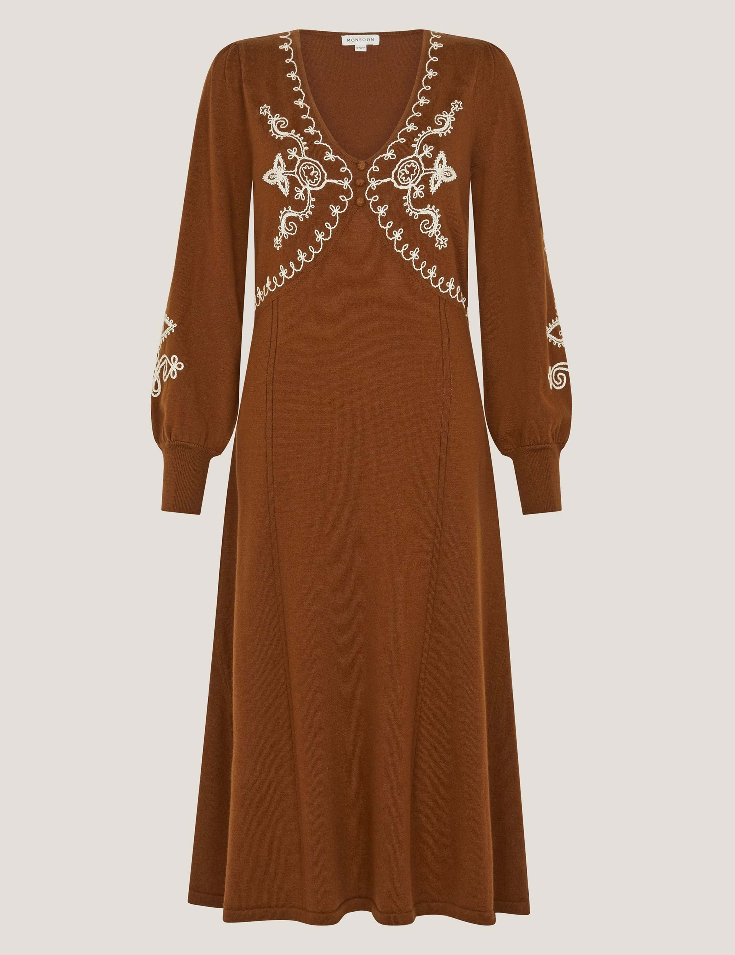 Embroidered V-Neck Knitted Midi Skater Dress 2 of 6