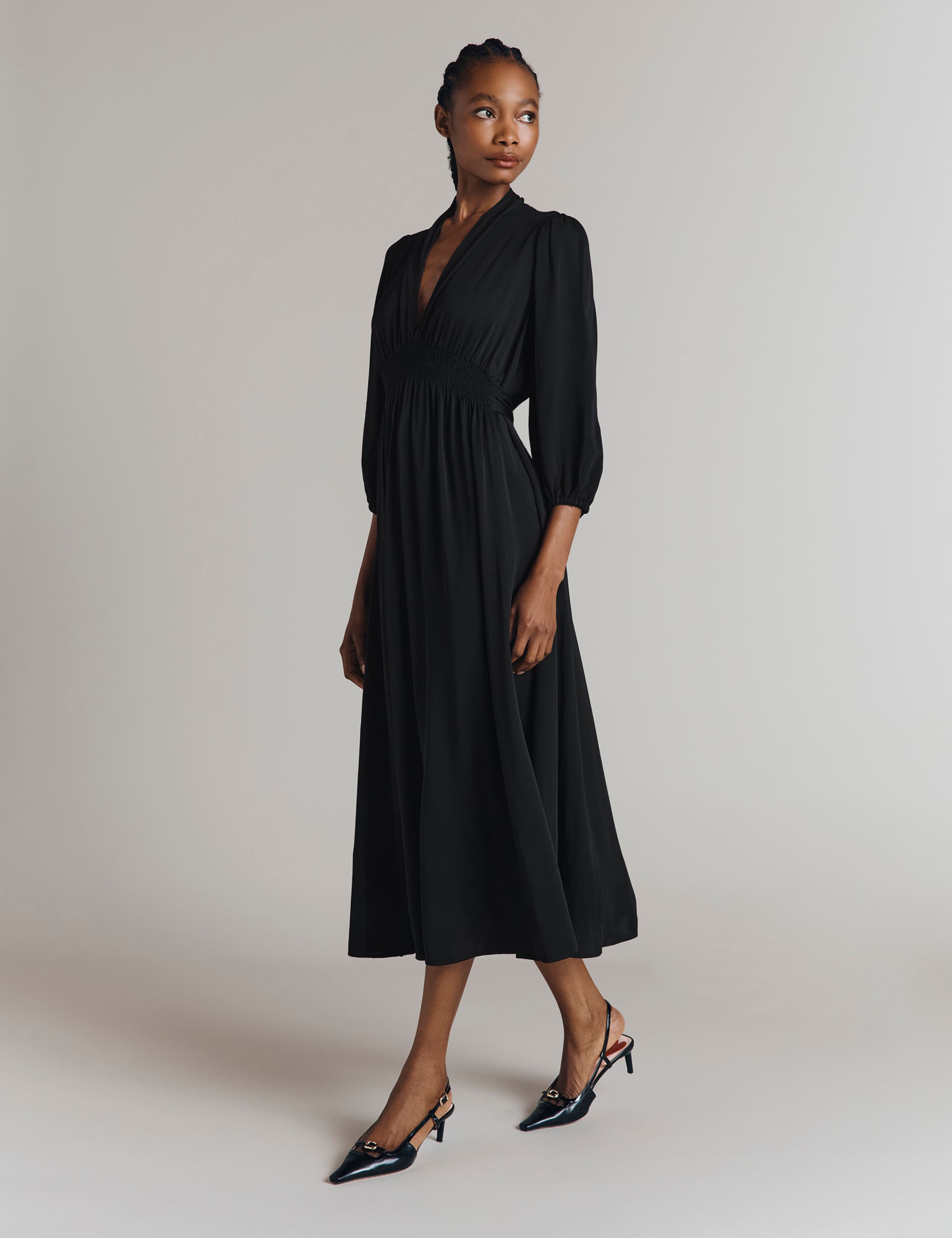 V-Neck Blouson Sleeve Midi Smock Dress 3 of 5