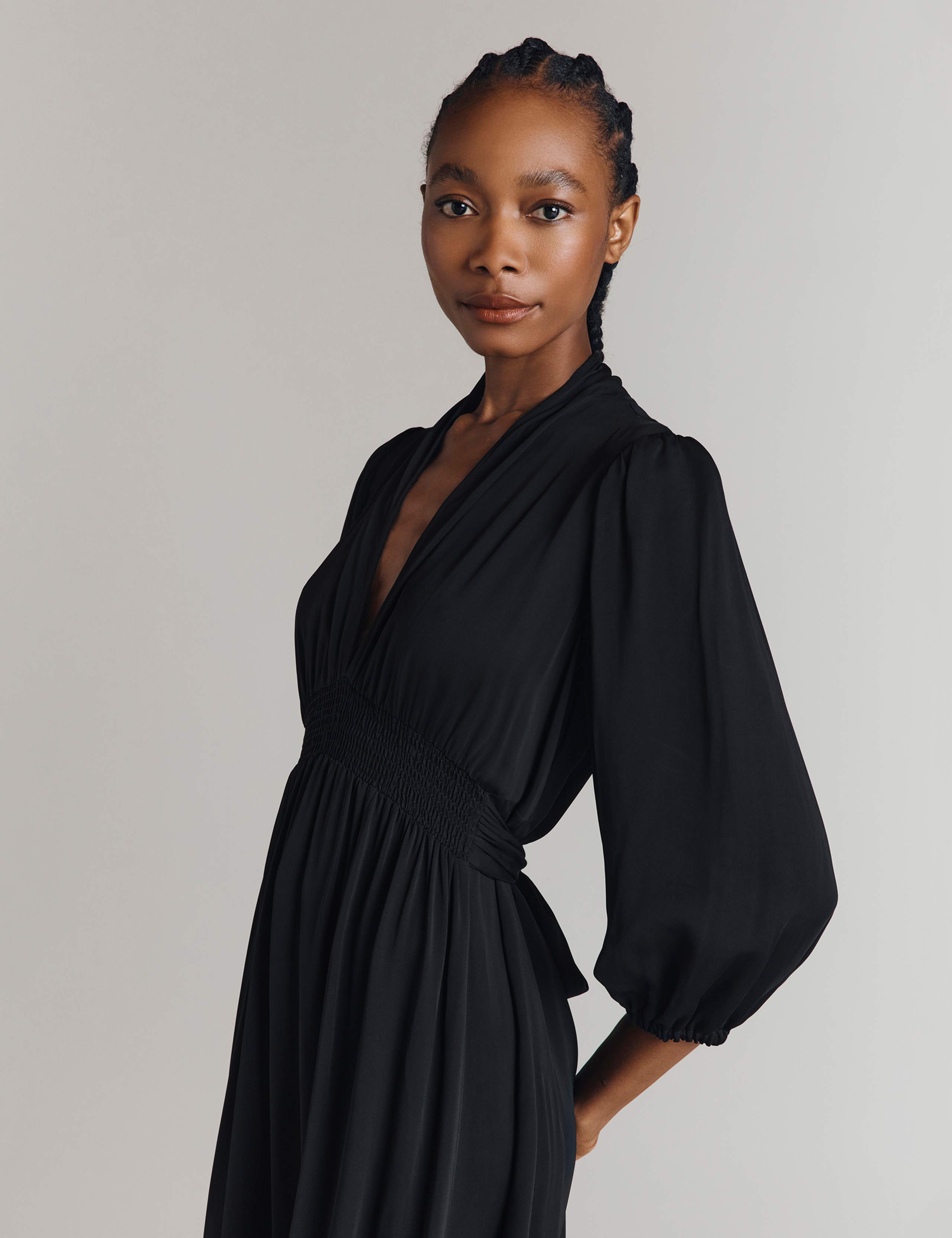V-Neck Blouson Sleeve Midi Smock Dress 5 of 5