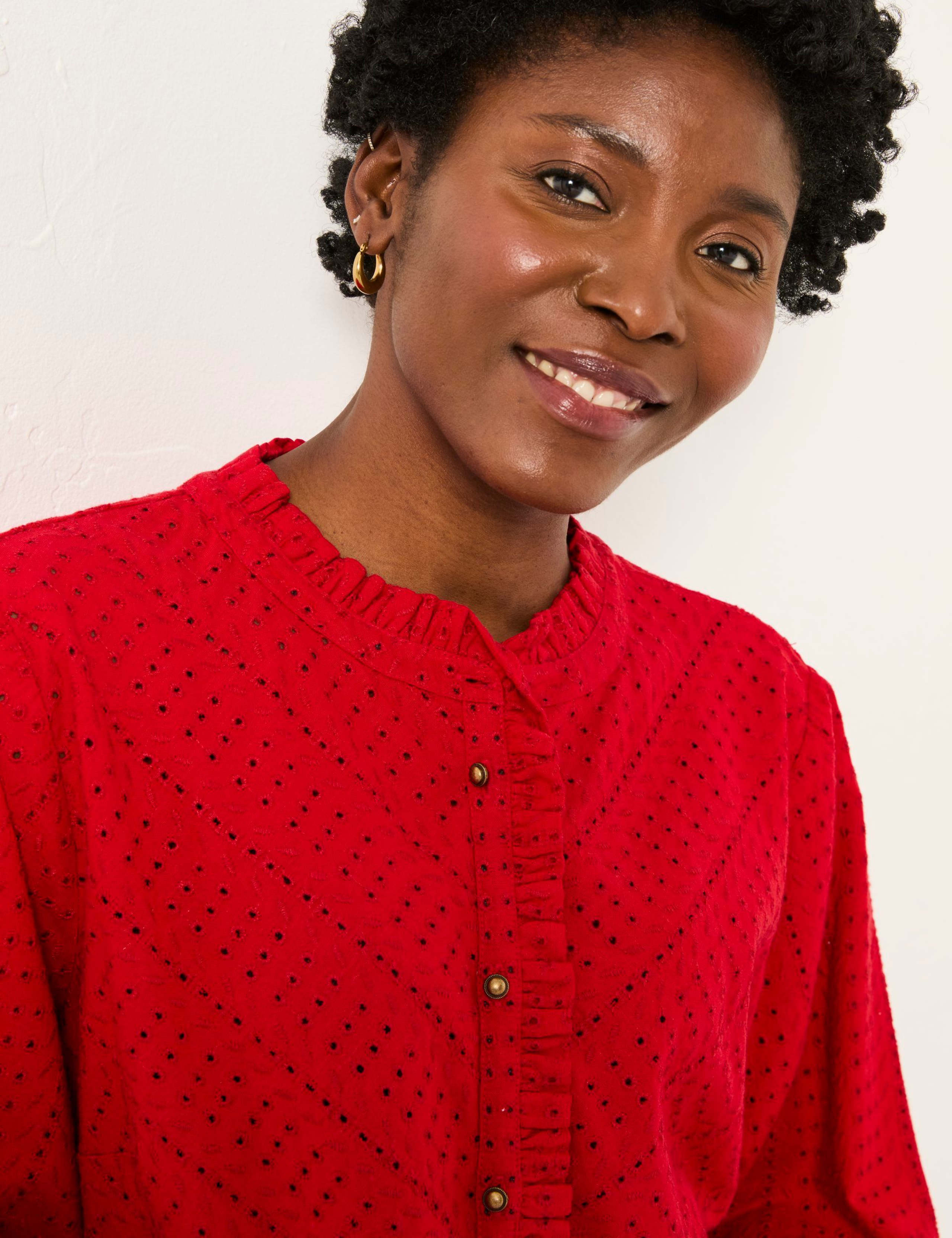 Broderie Frill Neck Blouse with Linen 3 of 5