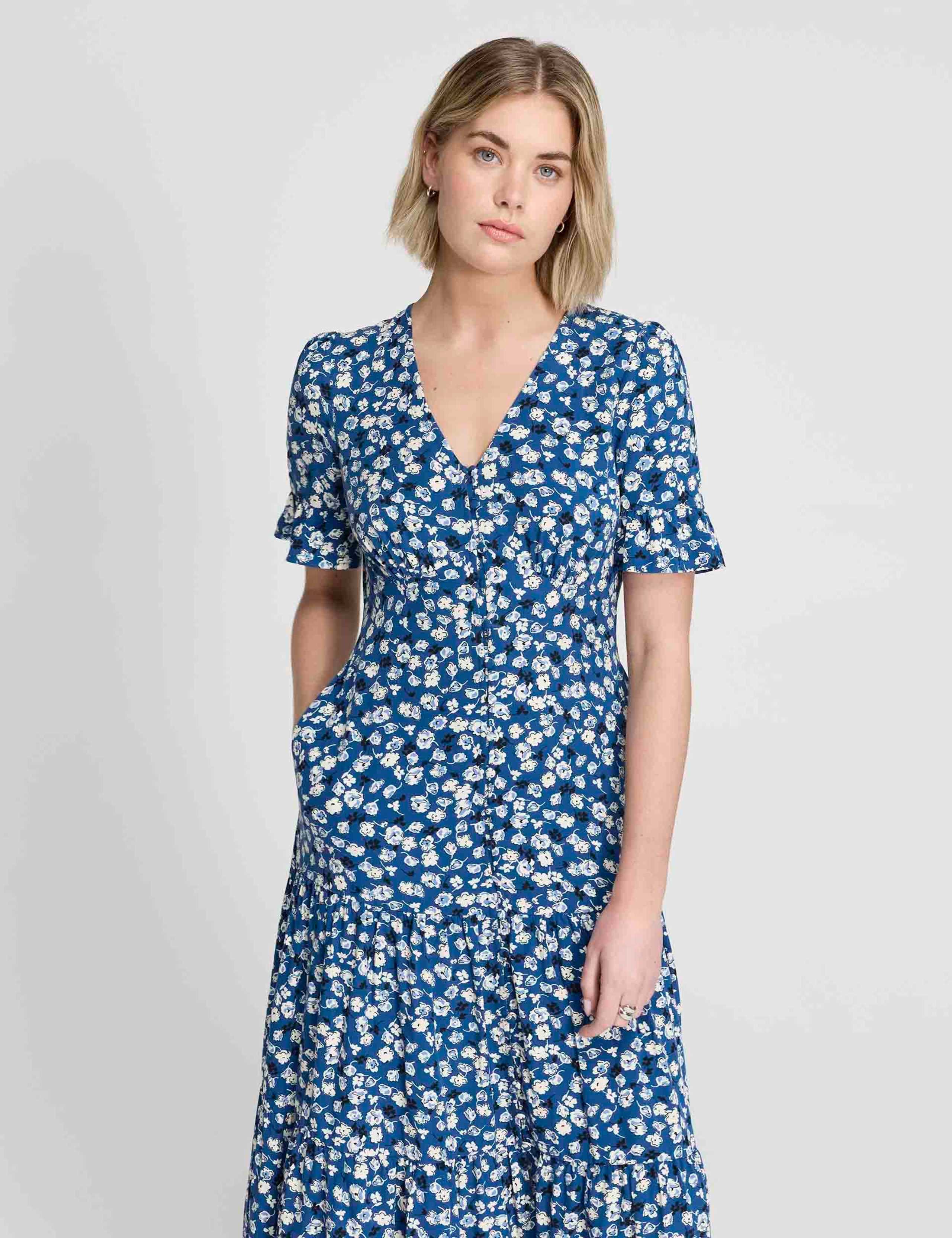 Floral Button Through Tiered Midi Tea Dress 4 of 6