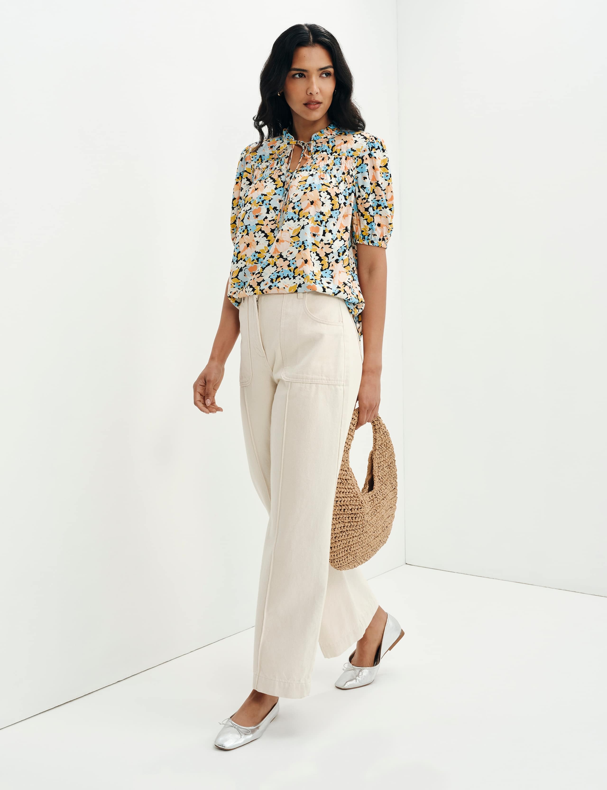 Floral Shirred Tie Neck Relaxed Top 2 of 10