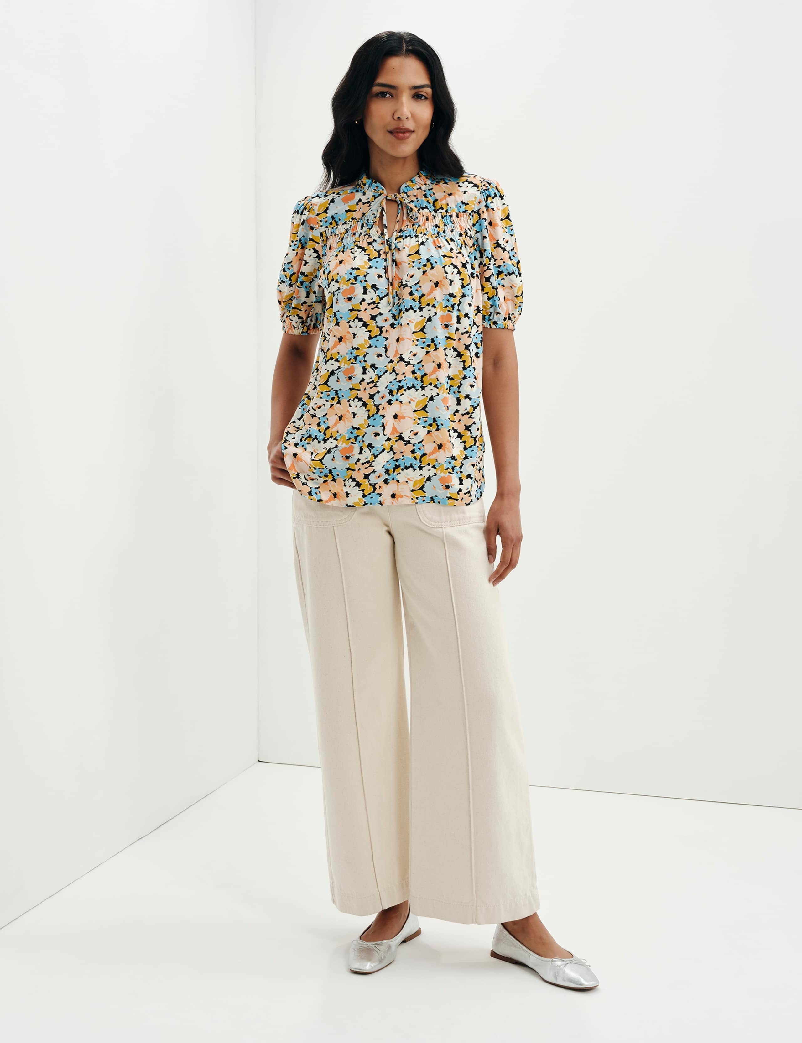 Floral Shirred Tie Neck Relaxed Top 3 of 10
