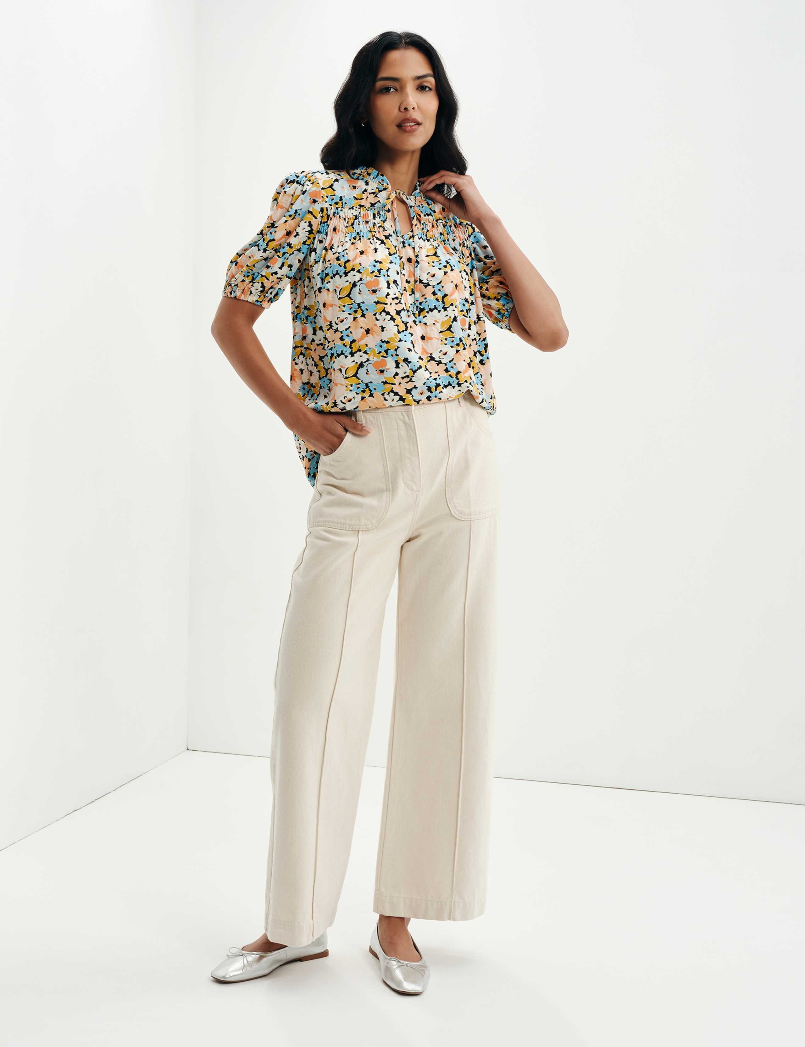 Floral Shirred Tie Neck Relaxed Top 4 of 10