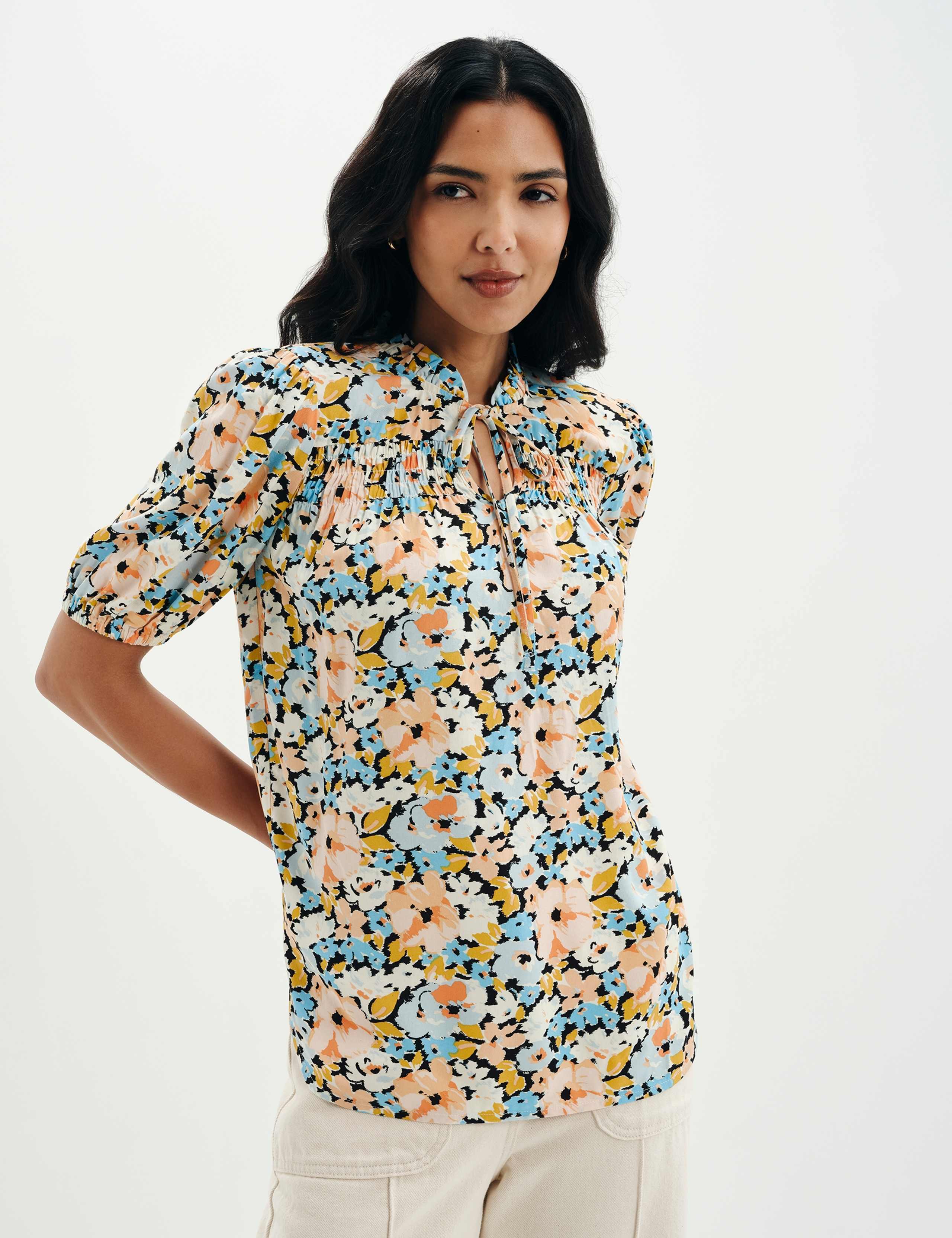 Floral Shirred Tie Neck Relaxed Top 6 of 10