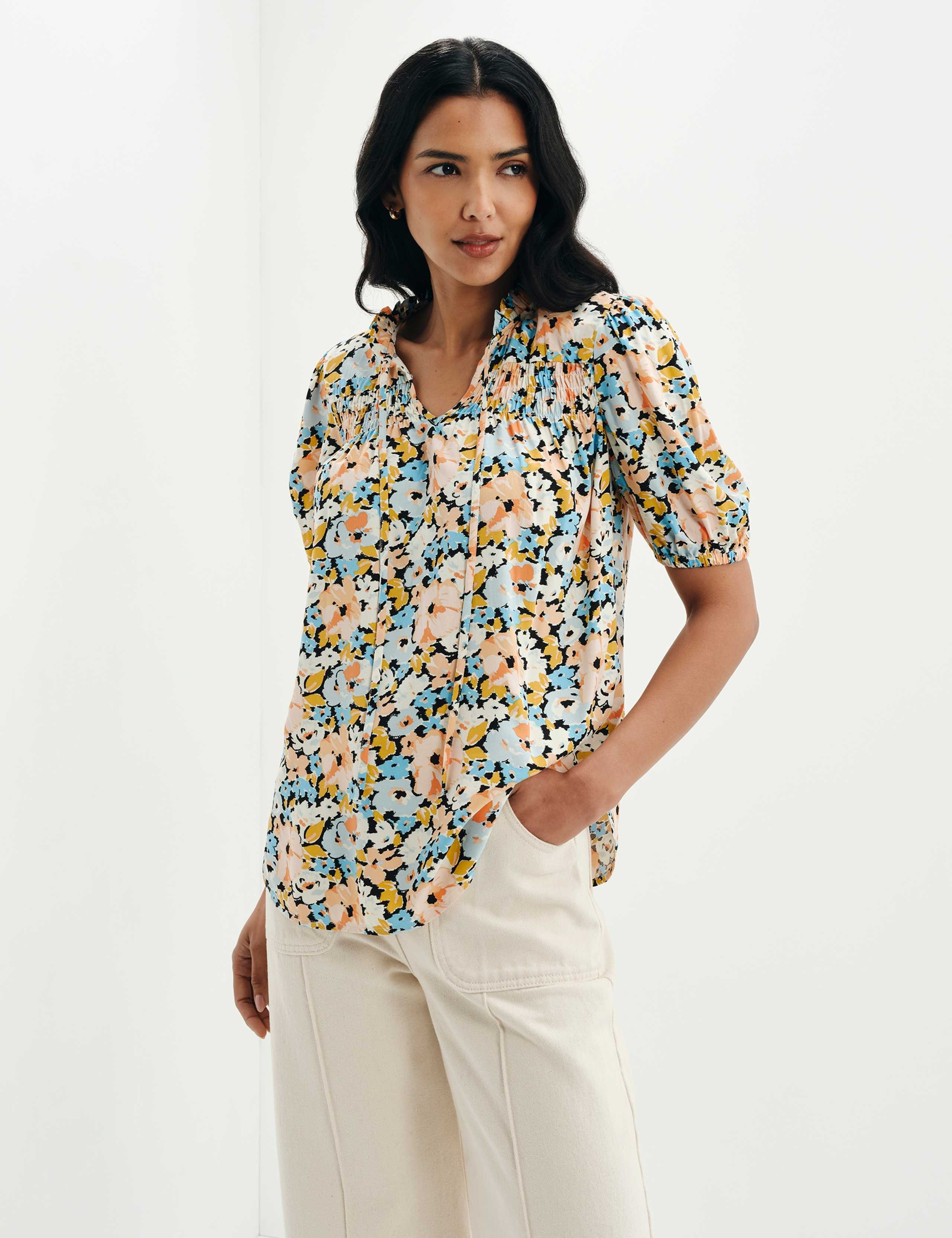 Floral Shirred Tie Neck Relaxed Top 7 of 10