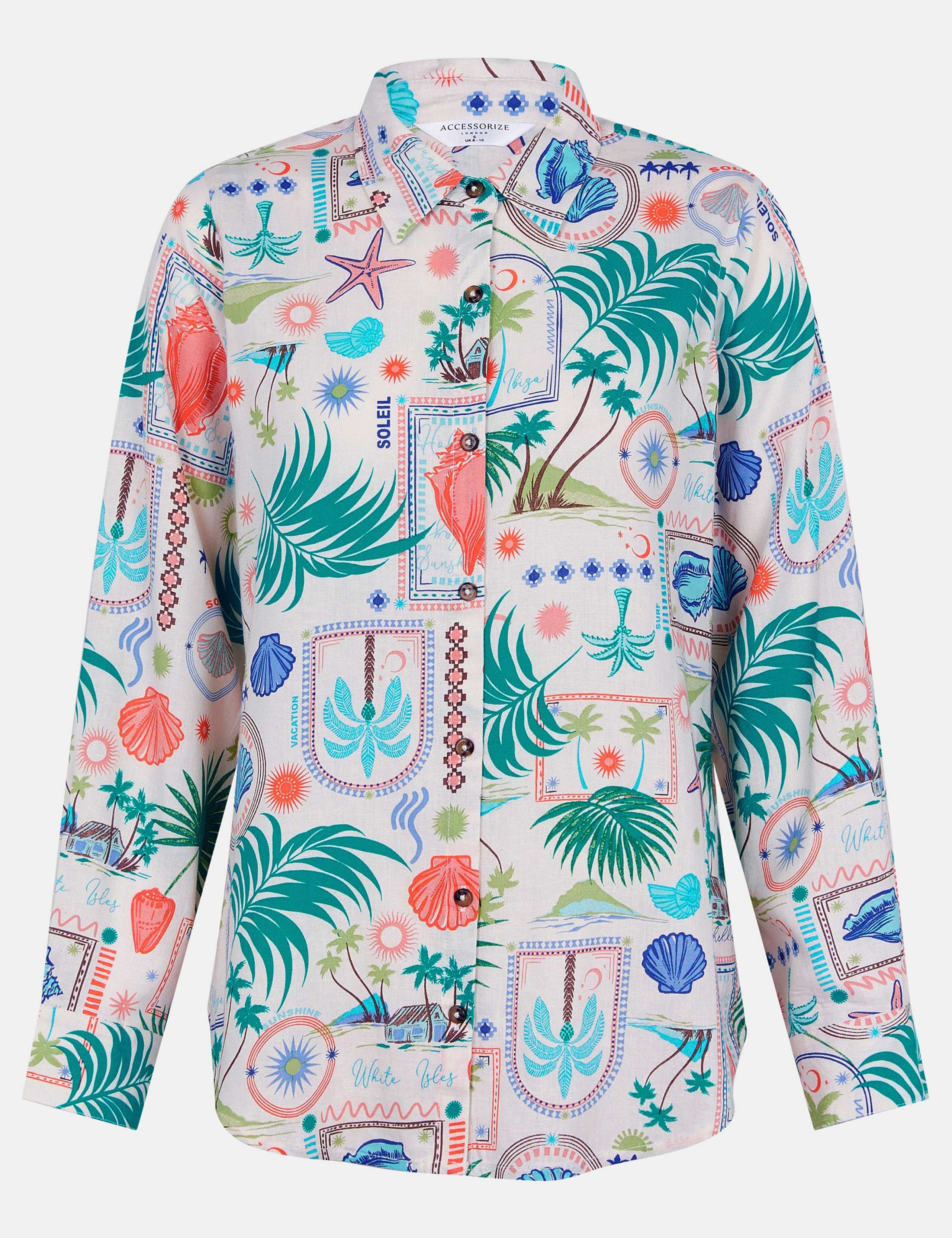 Postcard Print Beach Shirt with Linen 2 of 4