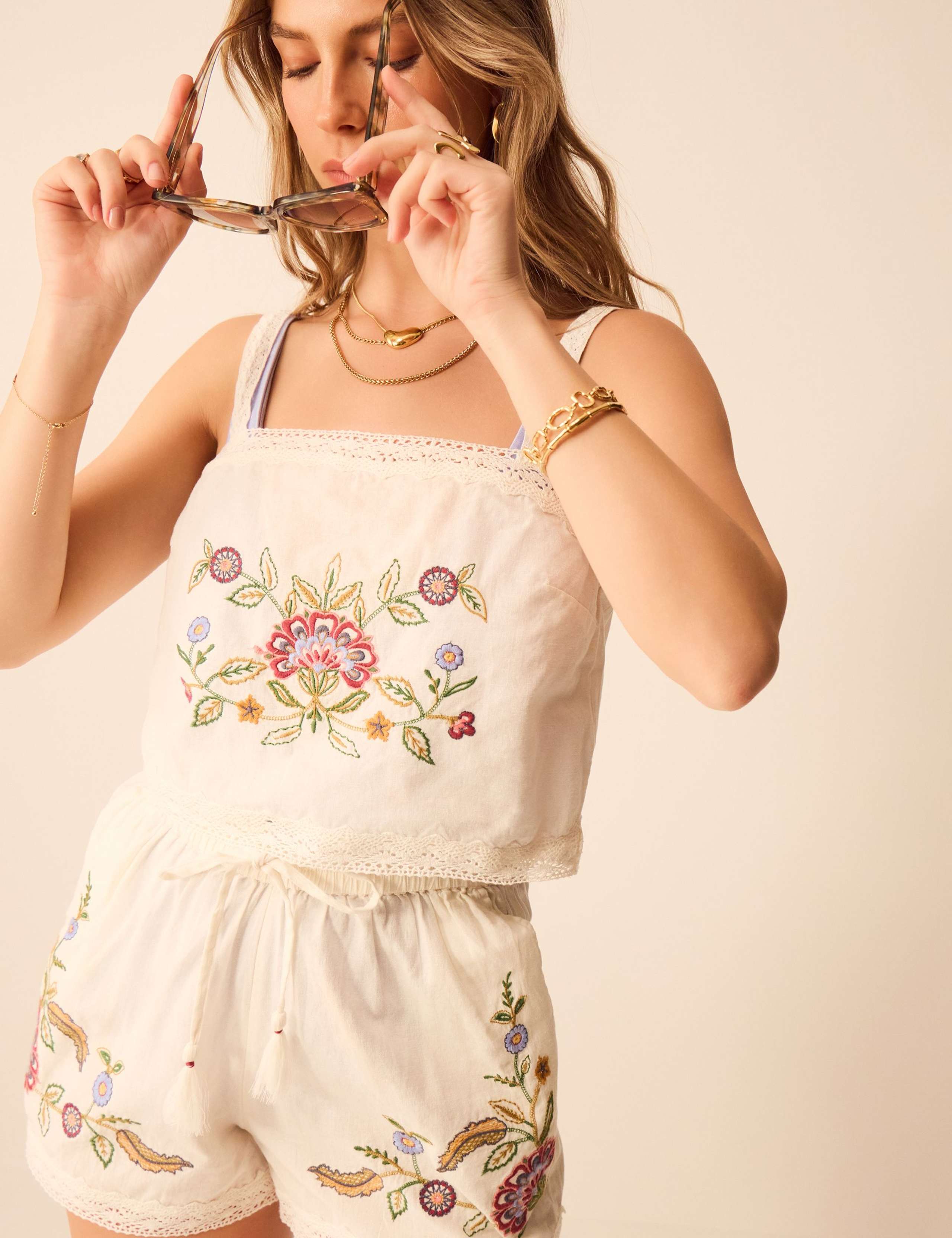 Cotton Rich Embroidered Cami Top with Linen 1 of 4