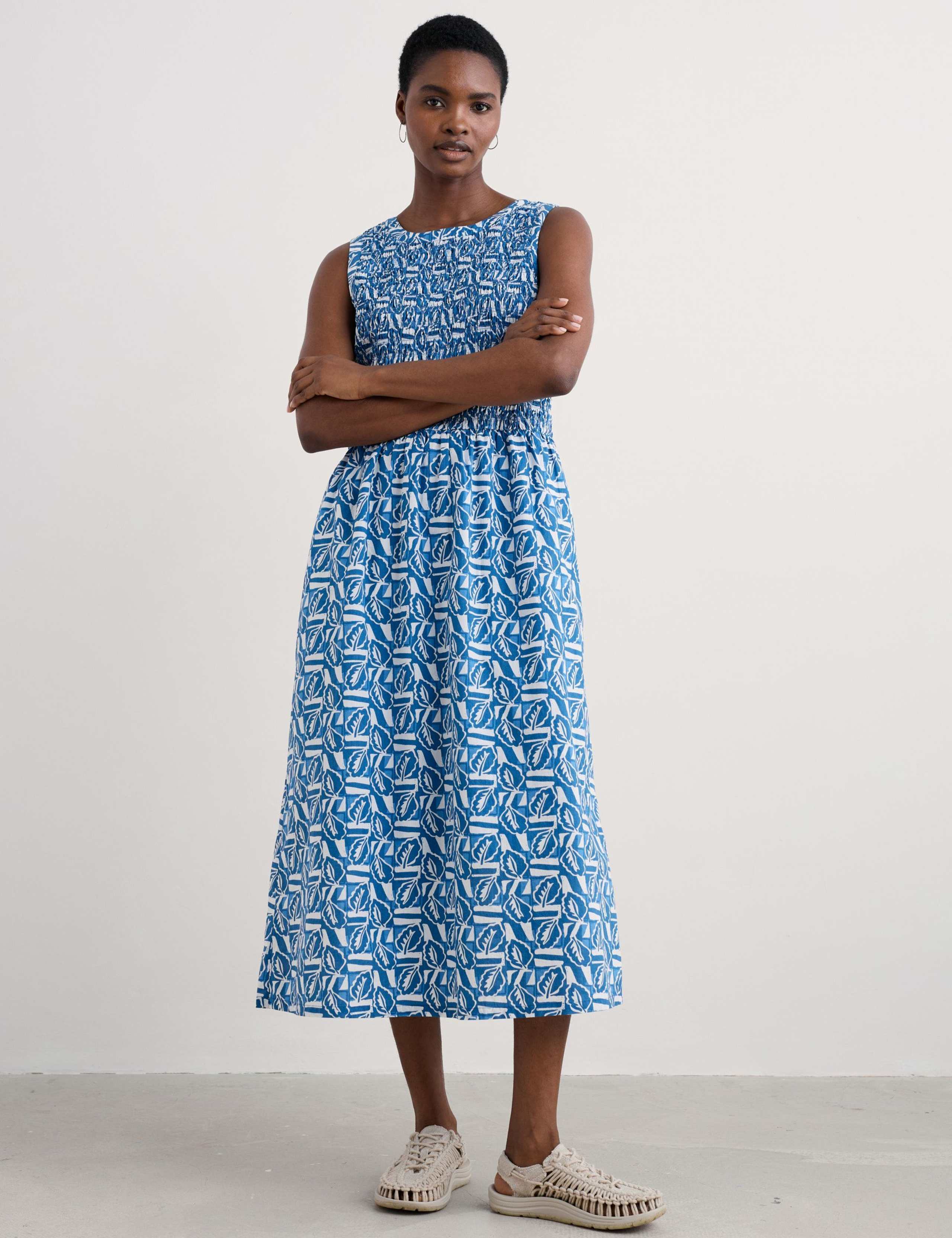 Pure Cotton Leaf Print Shirred Midaxi Dress 3 of 5