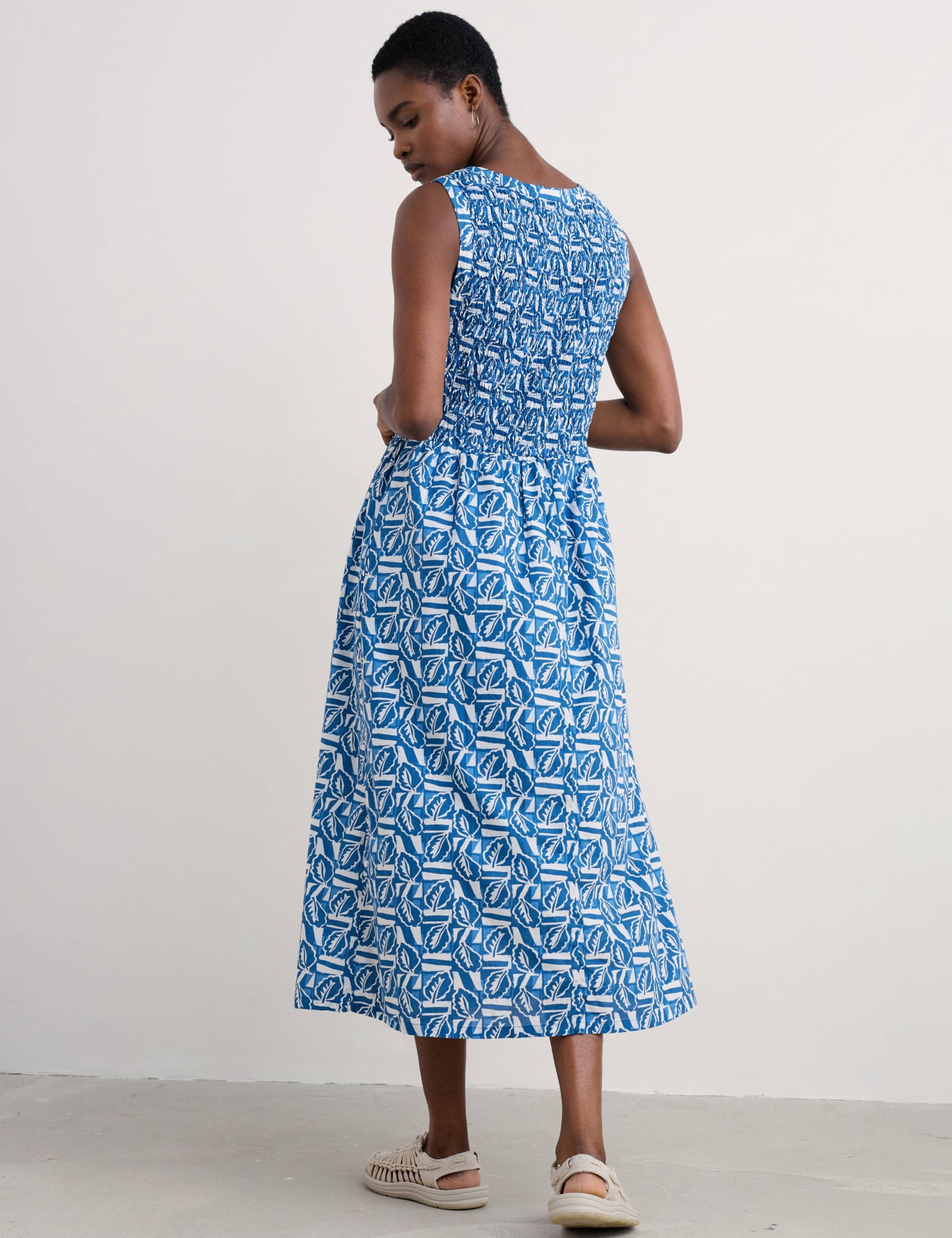 Pure Cotton Leaf Print Shirred Midaxi Dress 4 of 5