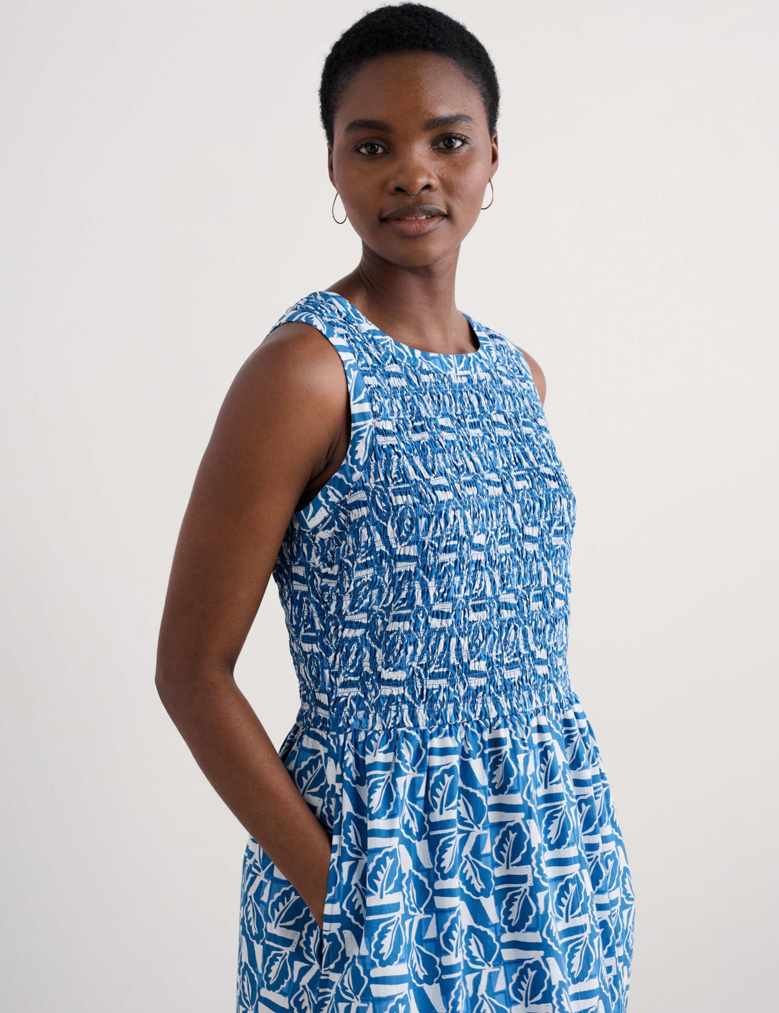 Pure Cotton Leaf Print Shirred Midaxi Dress 5 of 5