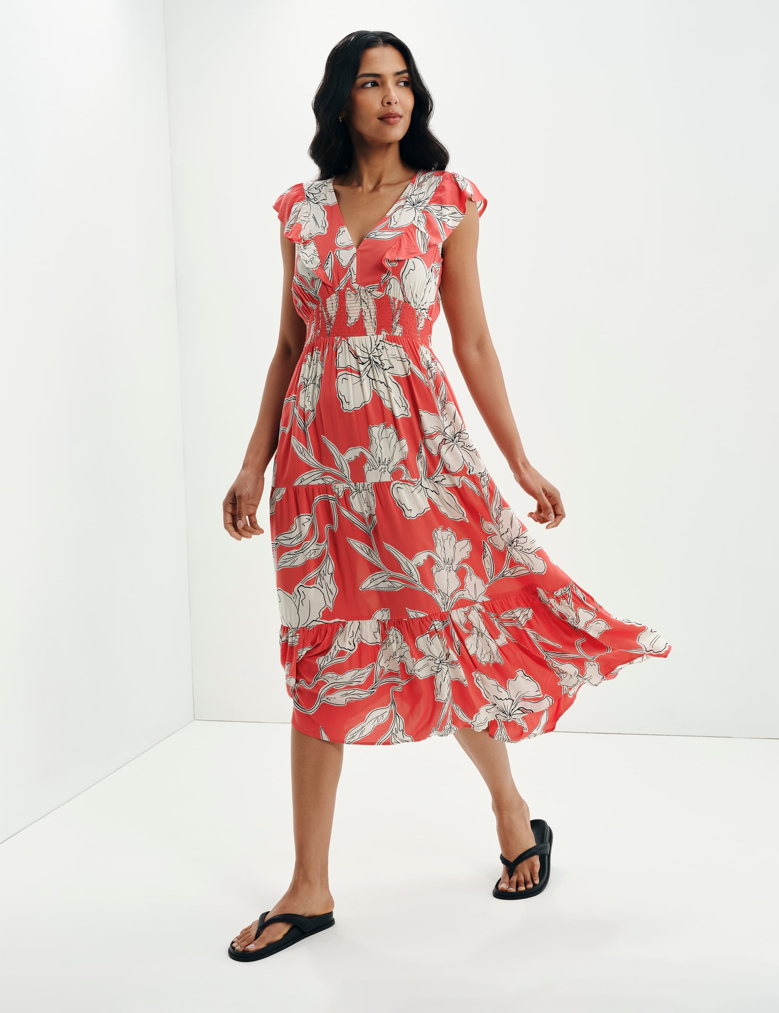 Voile Floral V-Neck Midi Tiered Dress 2 of 10