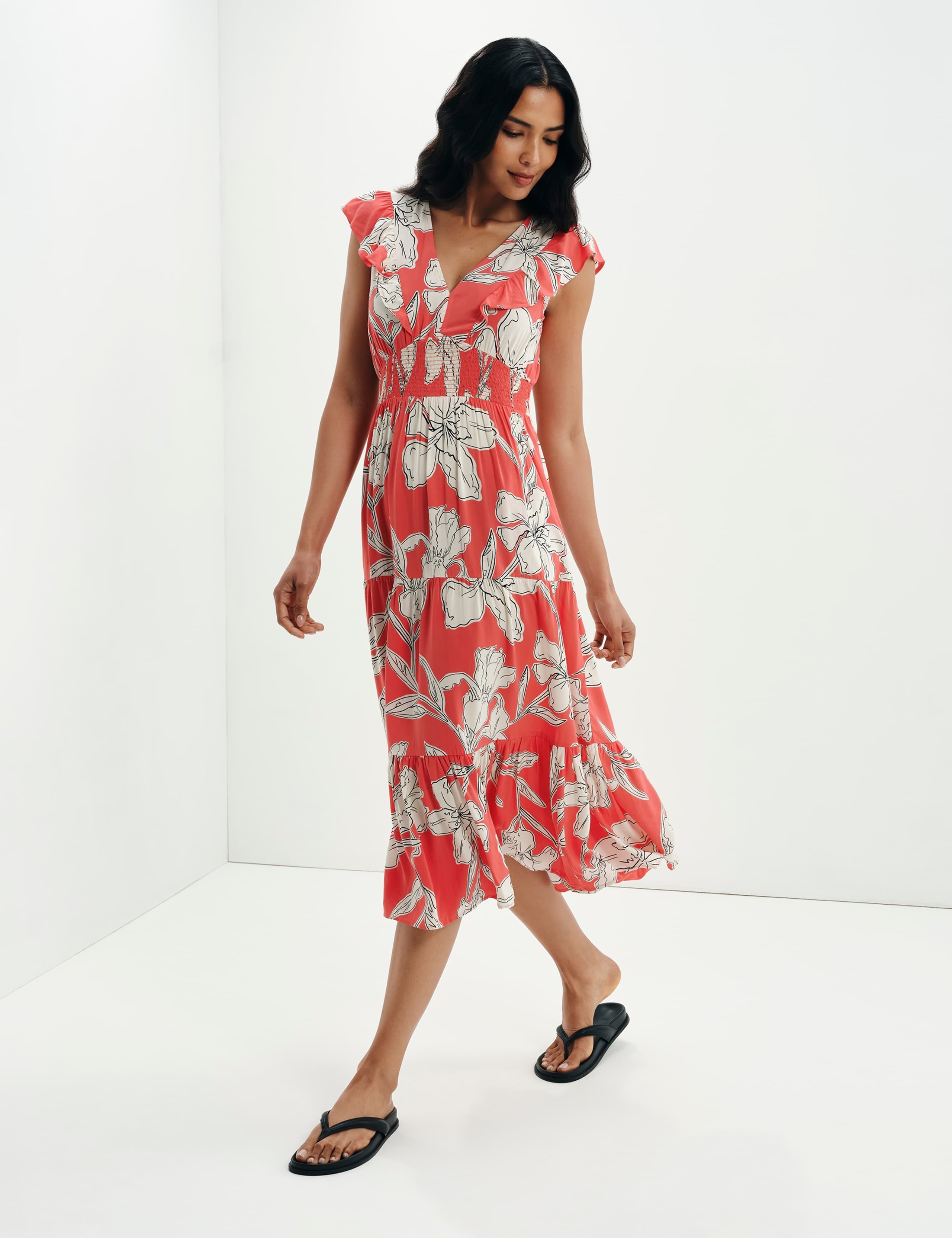 Voile Floral V-Neck Midi Tiered Dress 3 of 10