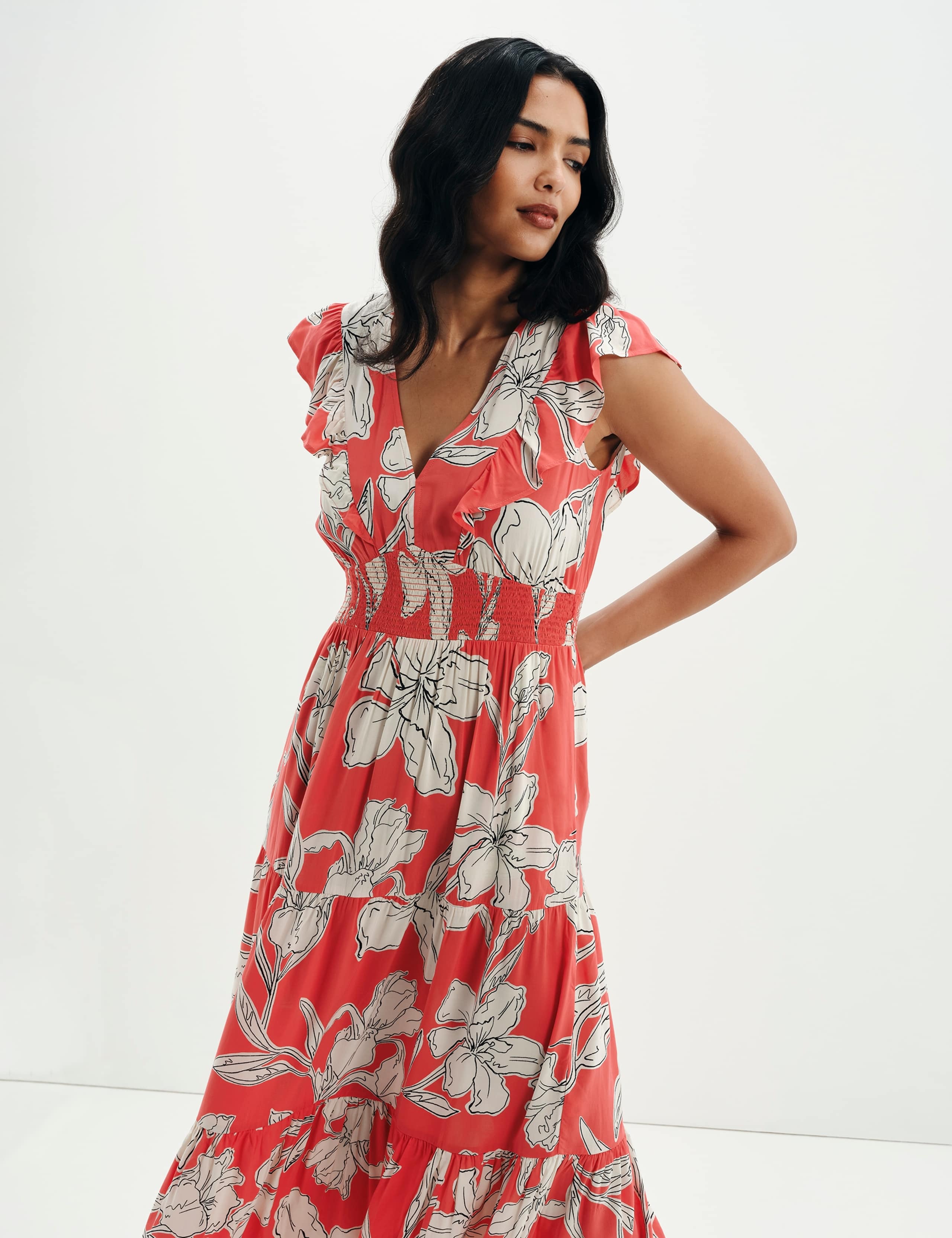 Voile Floral V-Neck Midi Tiered Dress 4 of 10