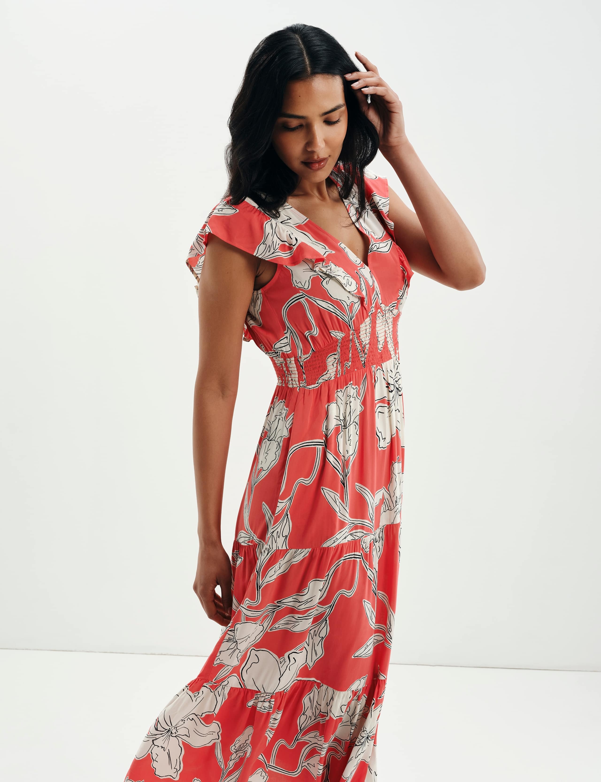 Voile Floral V-Neck Midi Tiered Dress 5 of 10