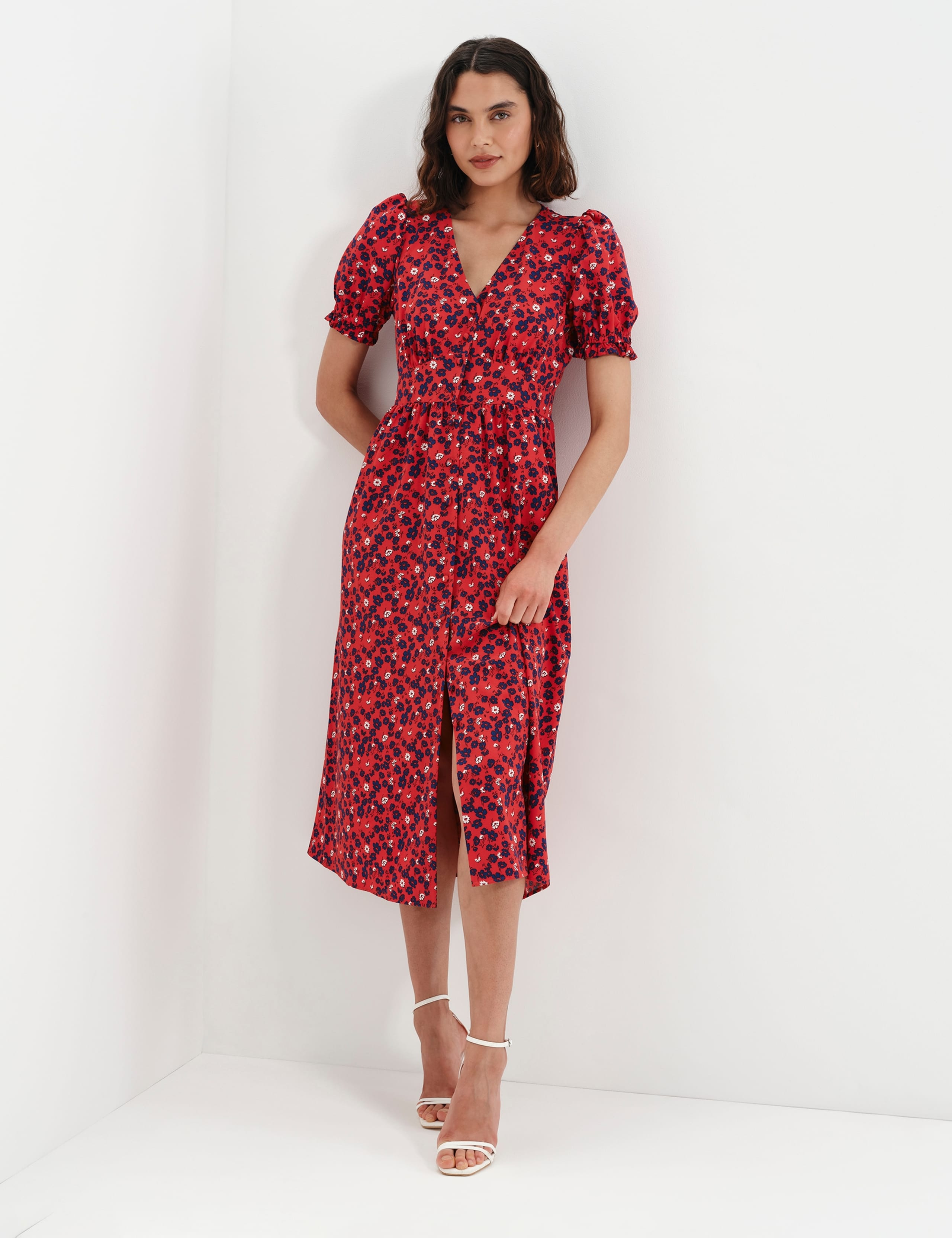 Floral V-Neck Midi Puff Sleeve Waisted Dress 2 of 8