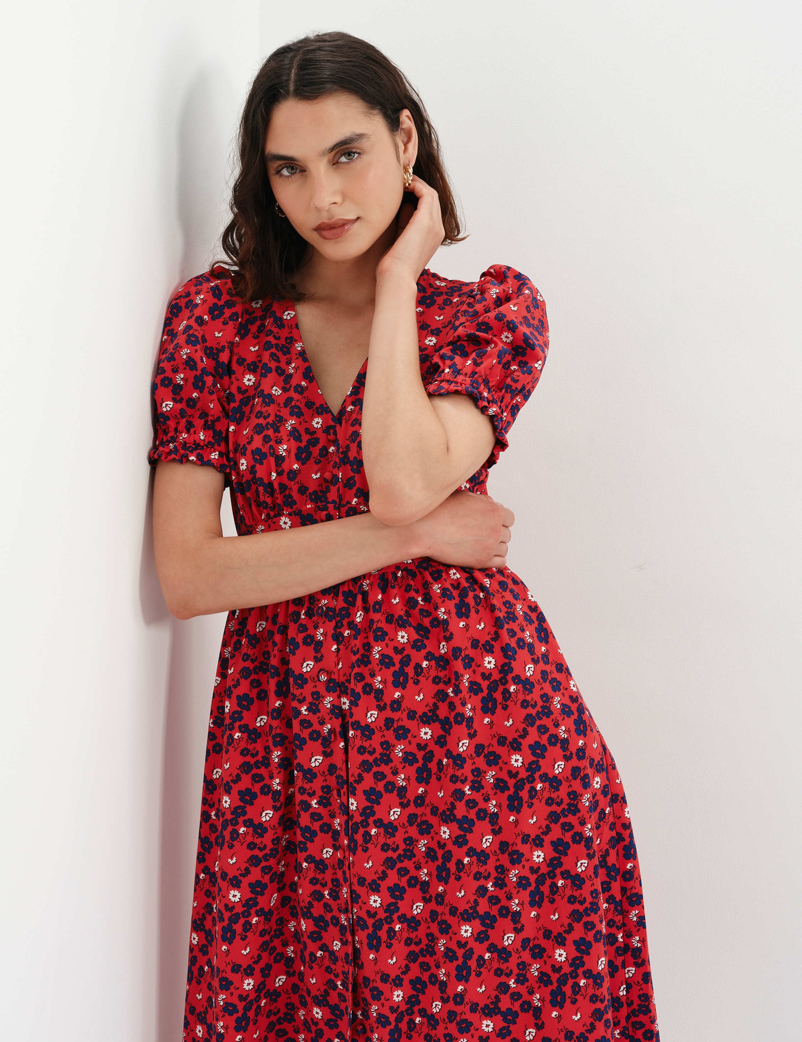 Floral V-Neck Midi Puff Sleeve Waisted Dress 3 of 8