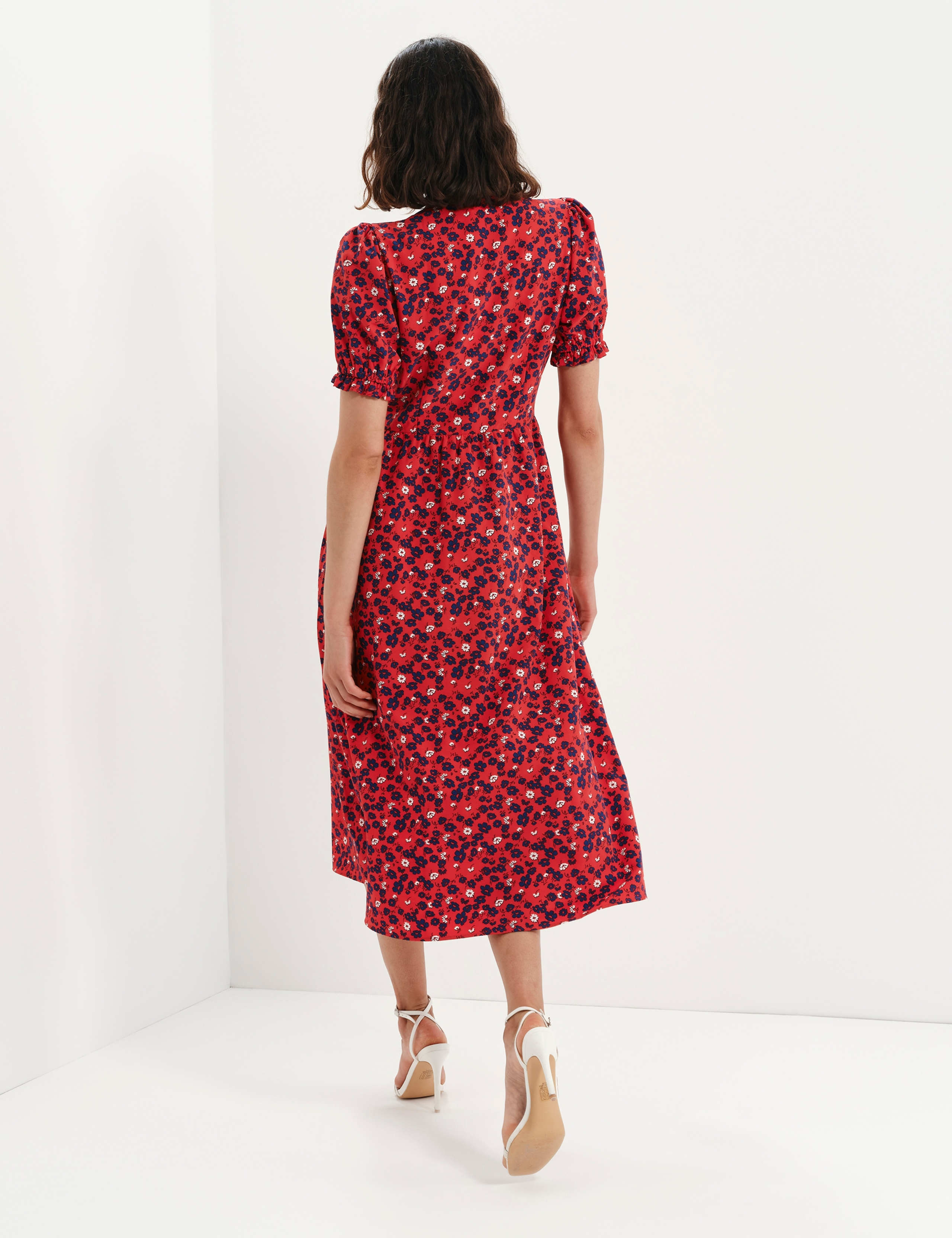 Floral V-Neck Midi Puff Sleeve Waisted Dress 4 of 8