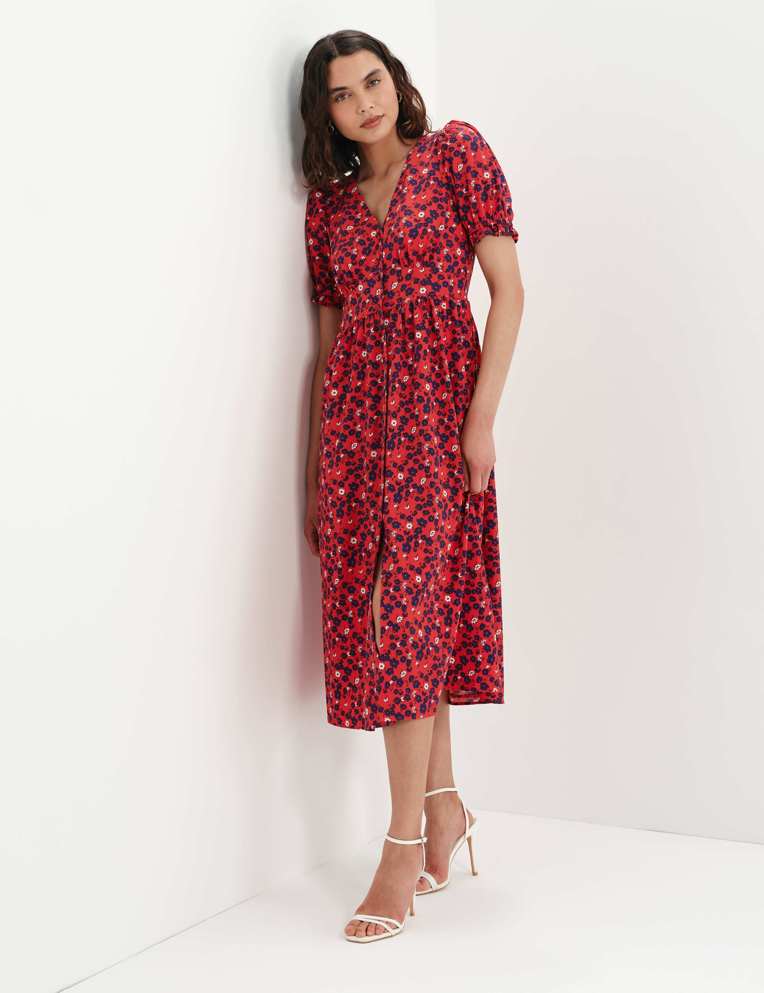 Floral V-Neck Midi Puff Sleeve Waisted Dress 5 of 8