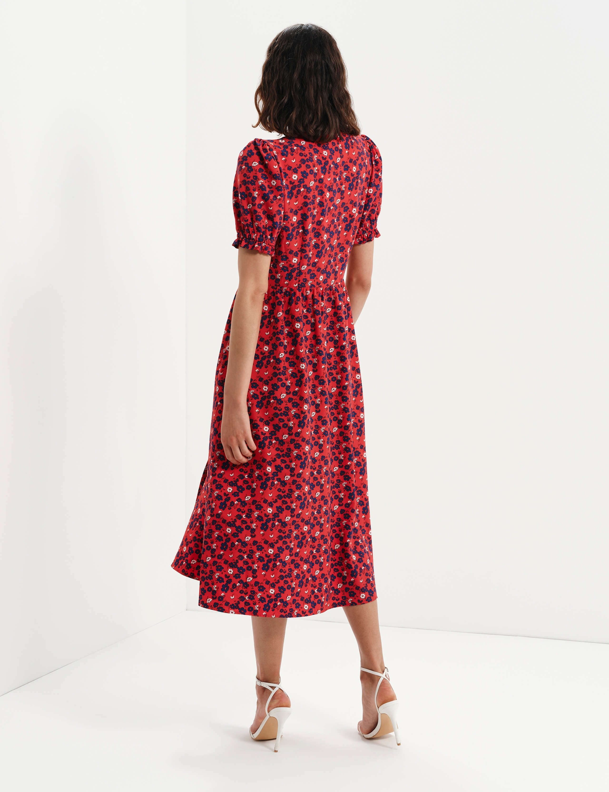 Floral V-Neck Midi Puff Sleeve Waisted Dress 6 of 8