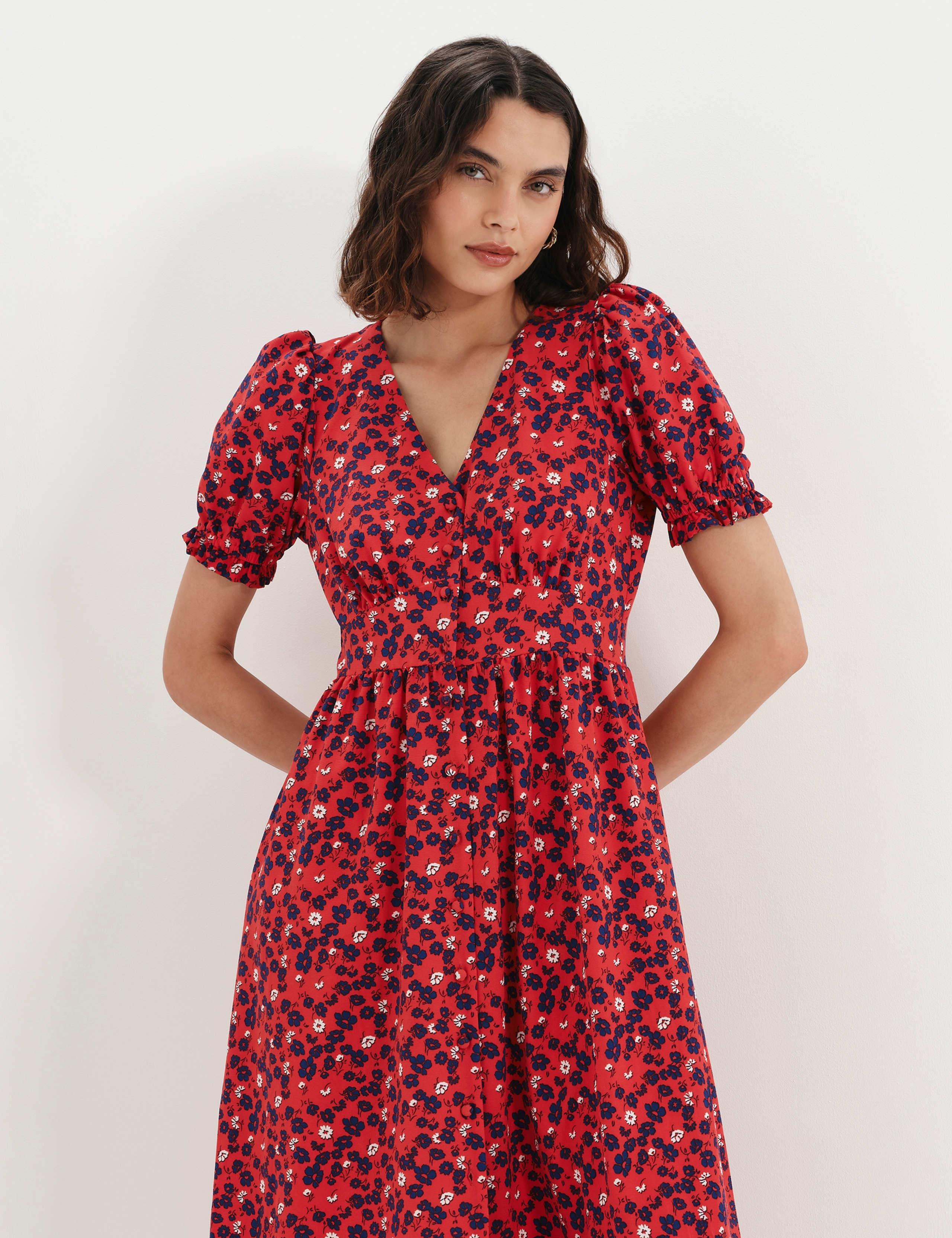 Floral V-Neck Midi Puff Sleeve Waisted Dress 7 of 8