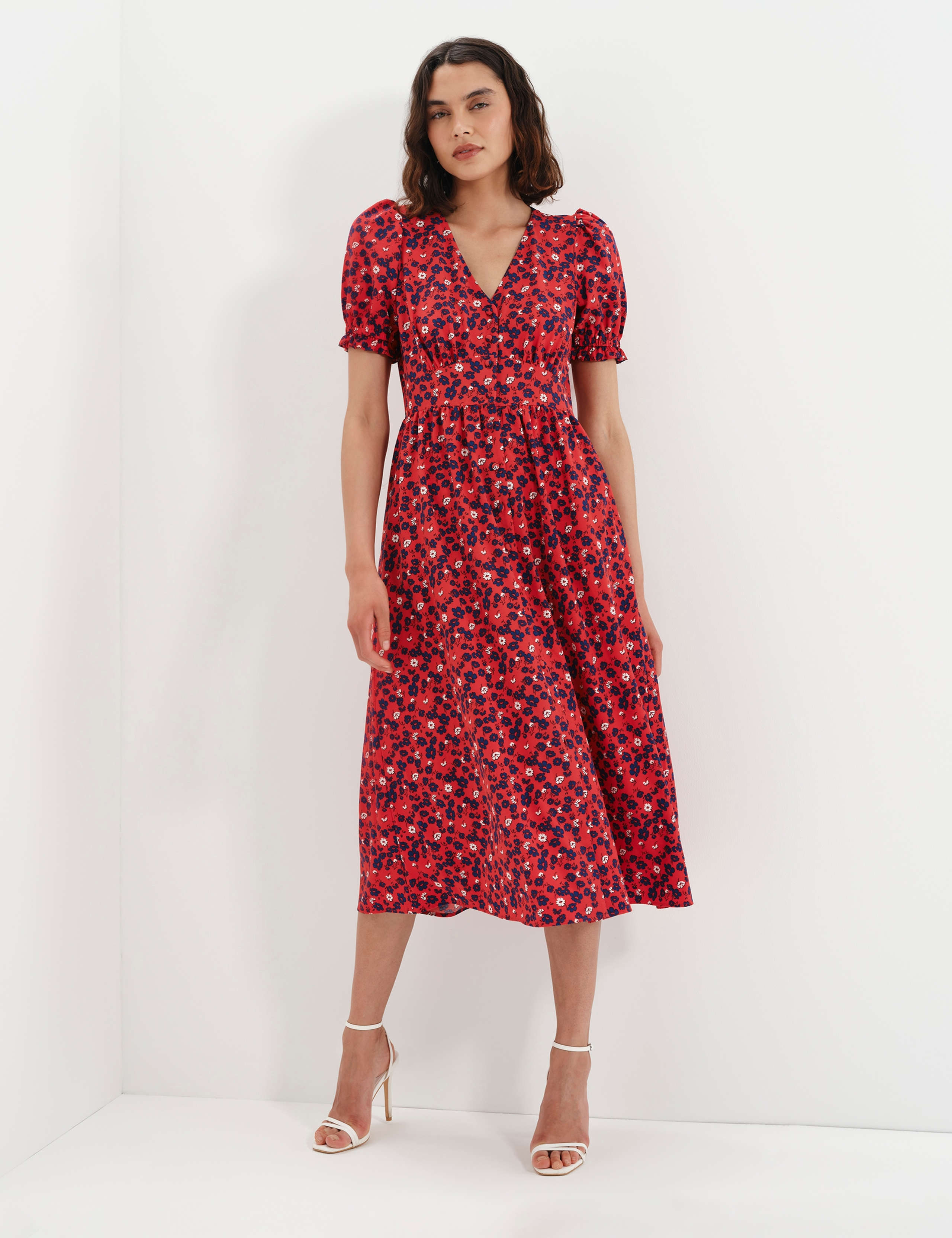 Floral V-Neck Midi Puff Sleeve Waisted Dress 8 of 8