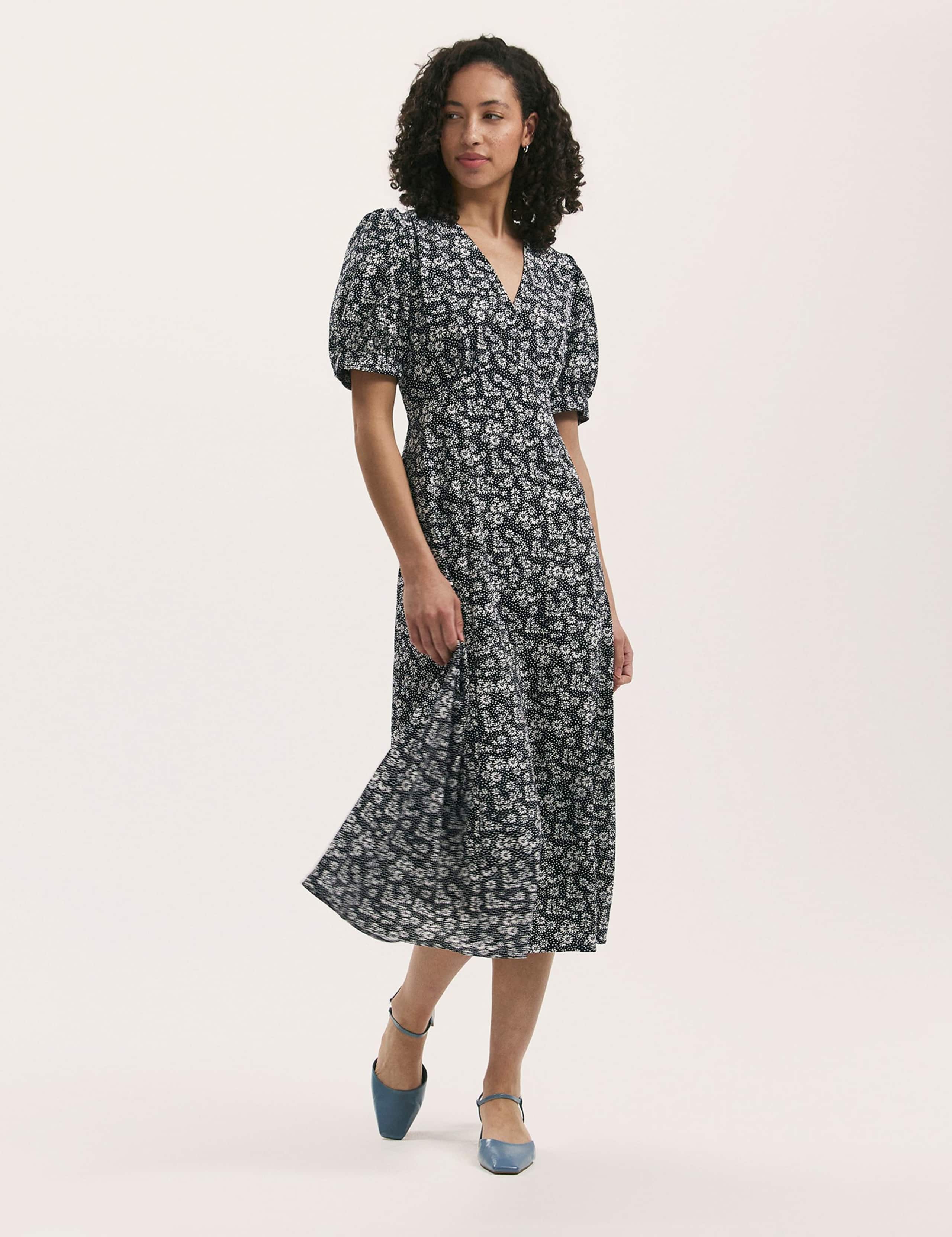 Floral V-Neck Empire Line Midi Tea Dress 1 of 4