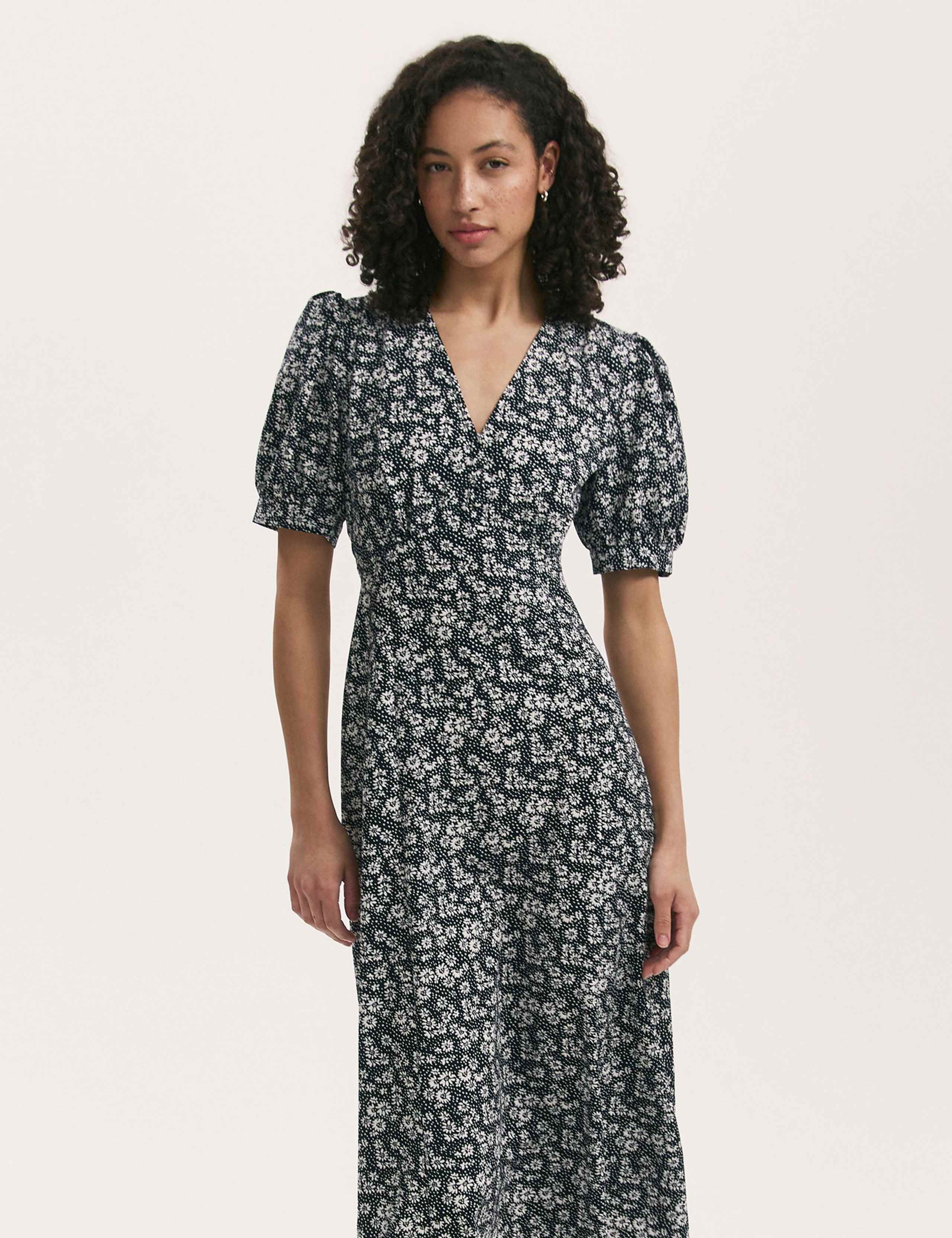 Floral V-Neck Empire Line Midi Tea Dress 3 of 4