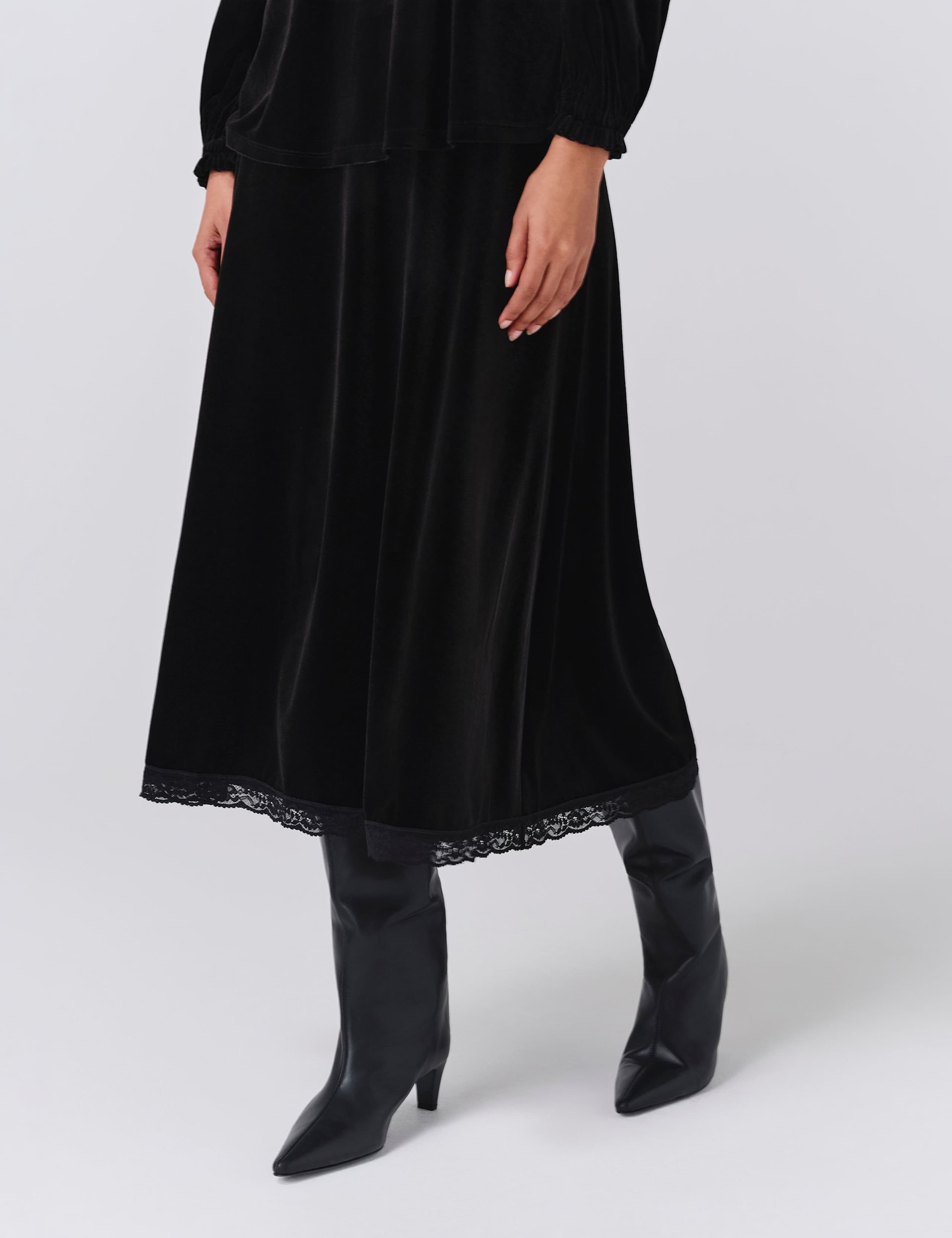 Velvet Lace Detail Midi A-Line Skirt 1 of 2