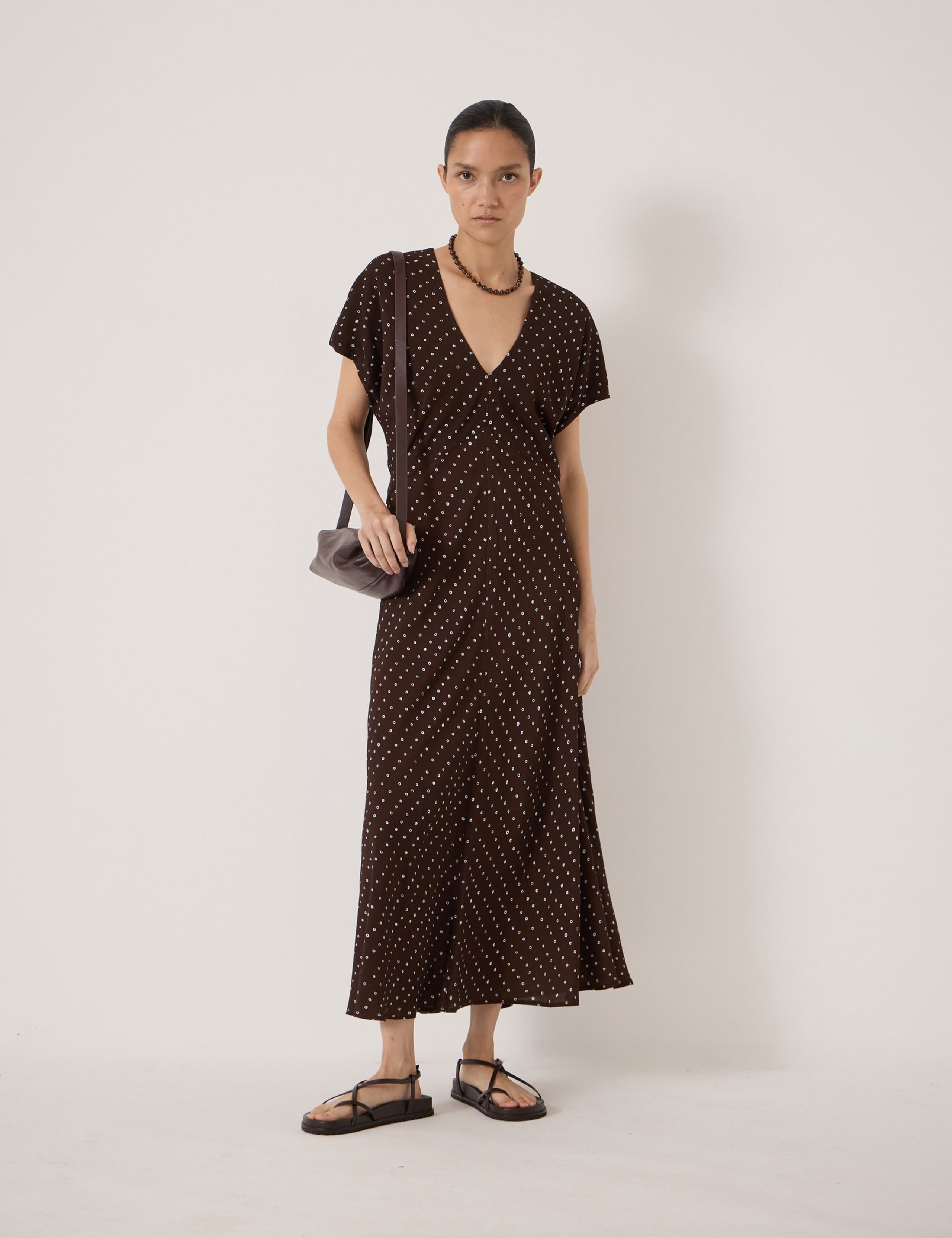 Crepe Polka Dot V-Neck Maxi Tea Dress 1 of 6
