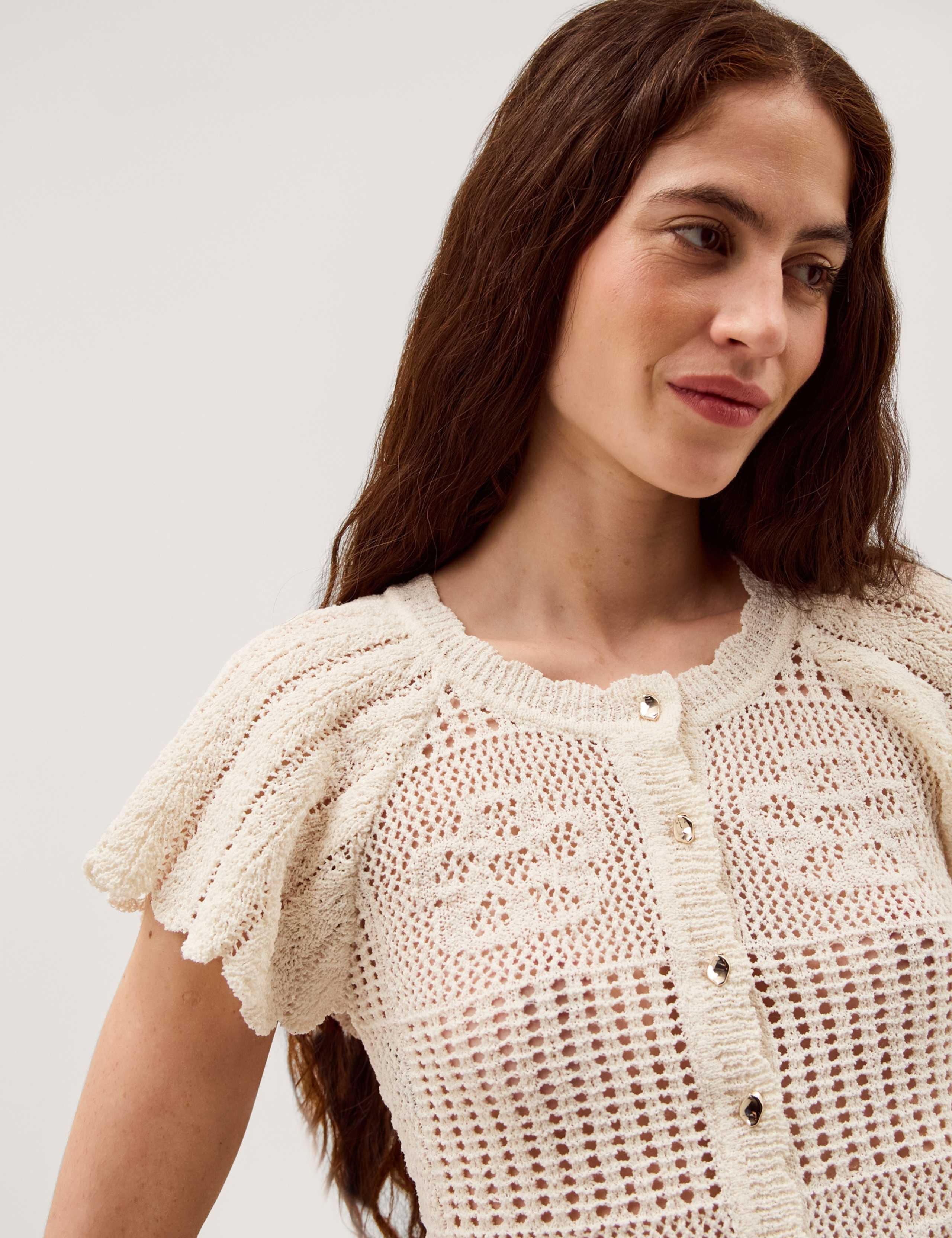 Textured Flower Scalloped Crew Neck Cardigan 5 of 5