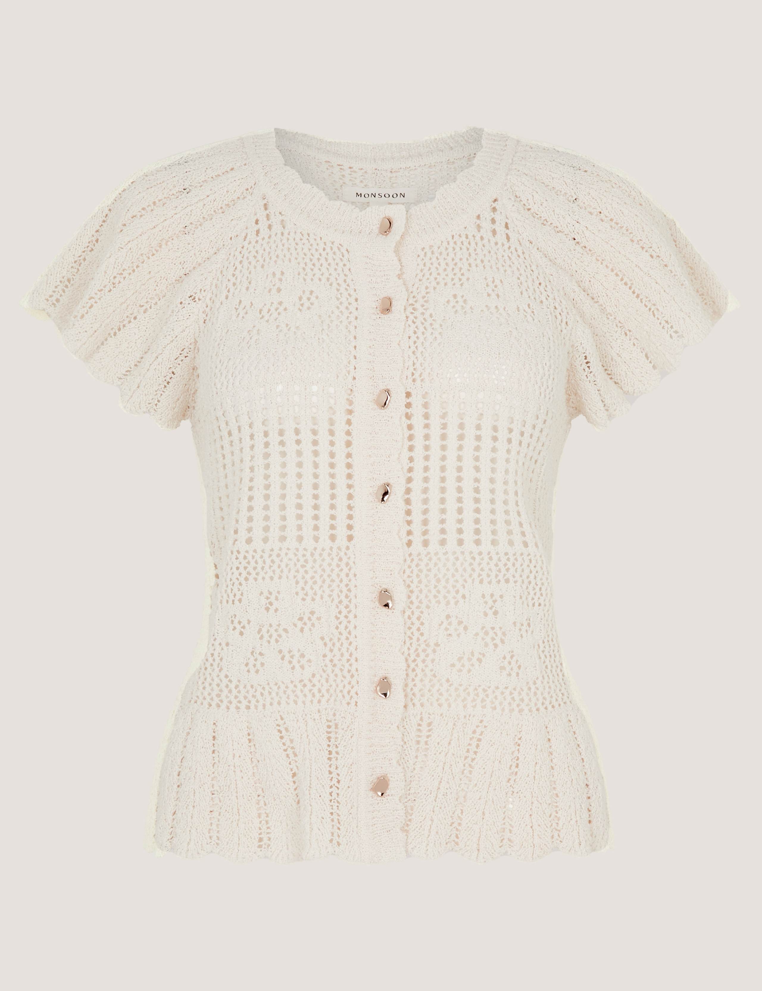 Textured Flower Scalloped Crew Neck Cardigan 2 of 5