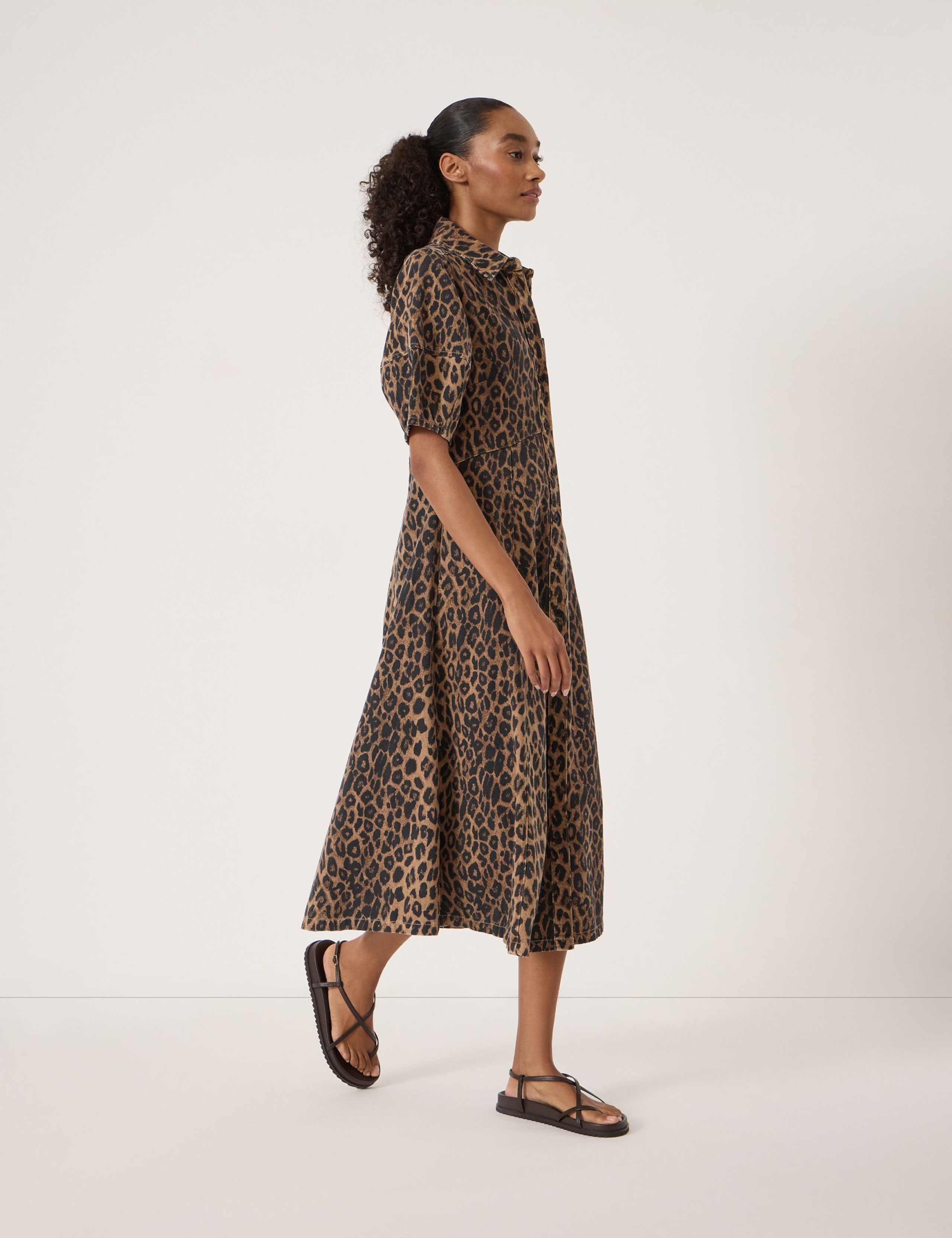 Denim Animal Print Midi Shirt Dress 3 of 5