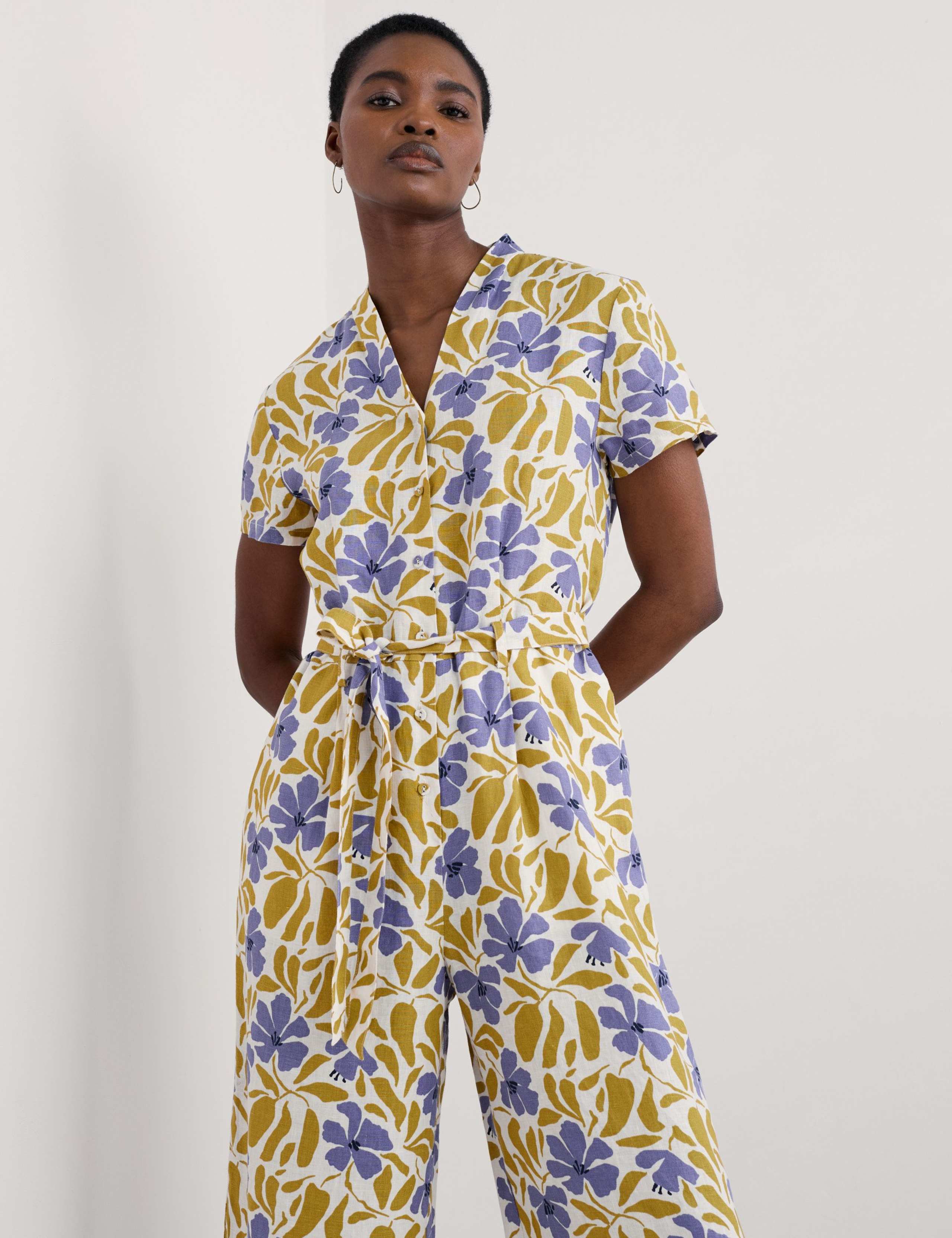 Pure Linen Floral Cropped Wide Leg Jumpsuit 3 of 4