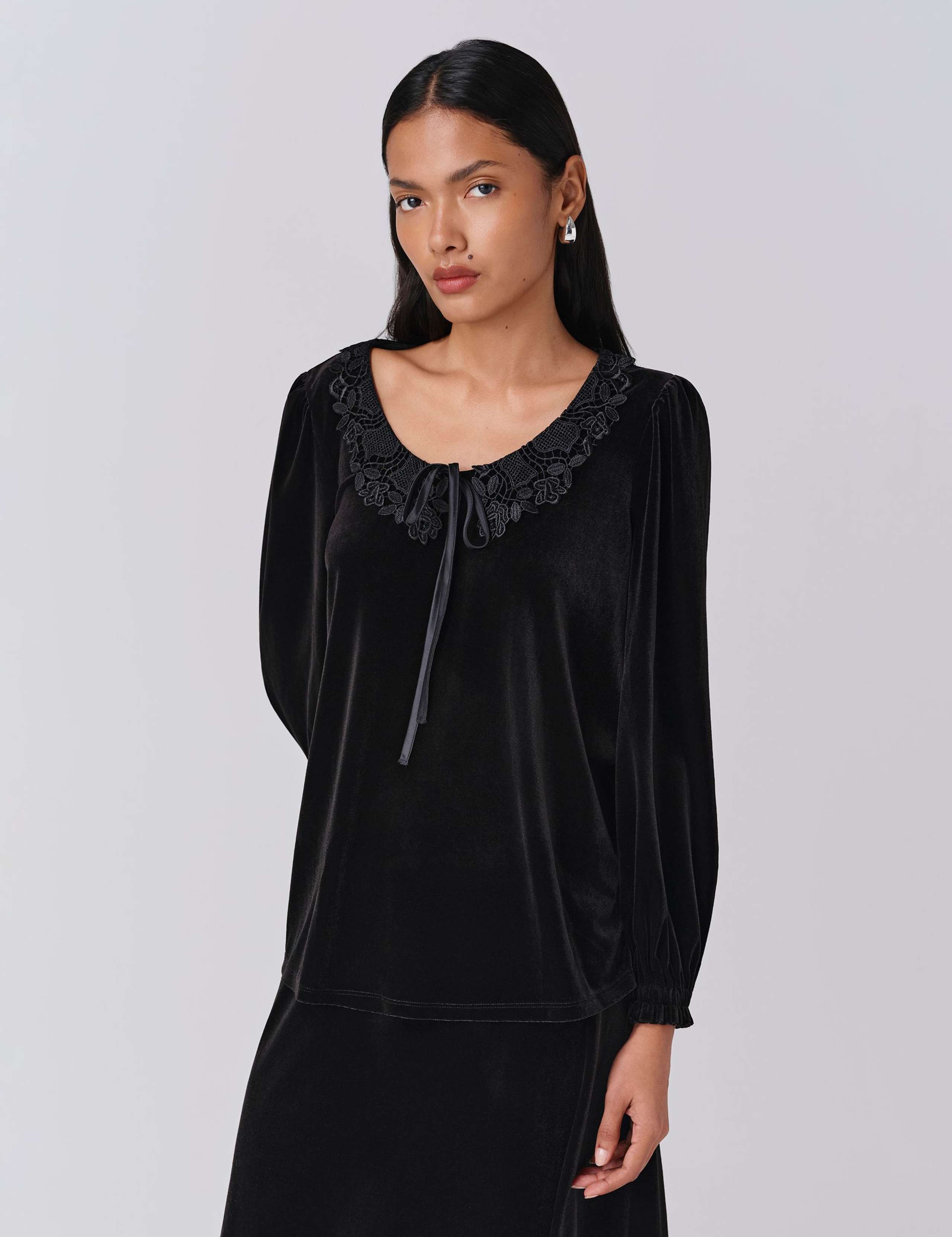 Velvet Tie Neck Lace Detail Blouse 2 of 6