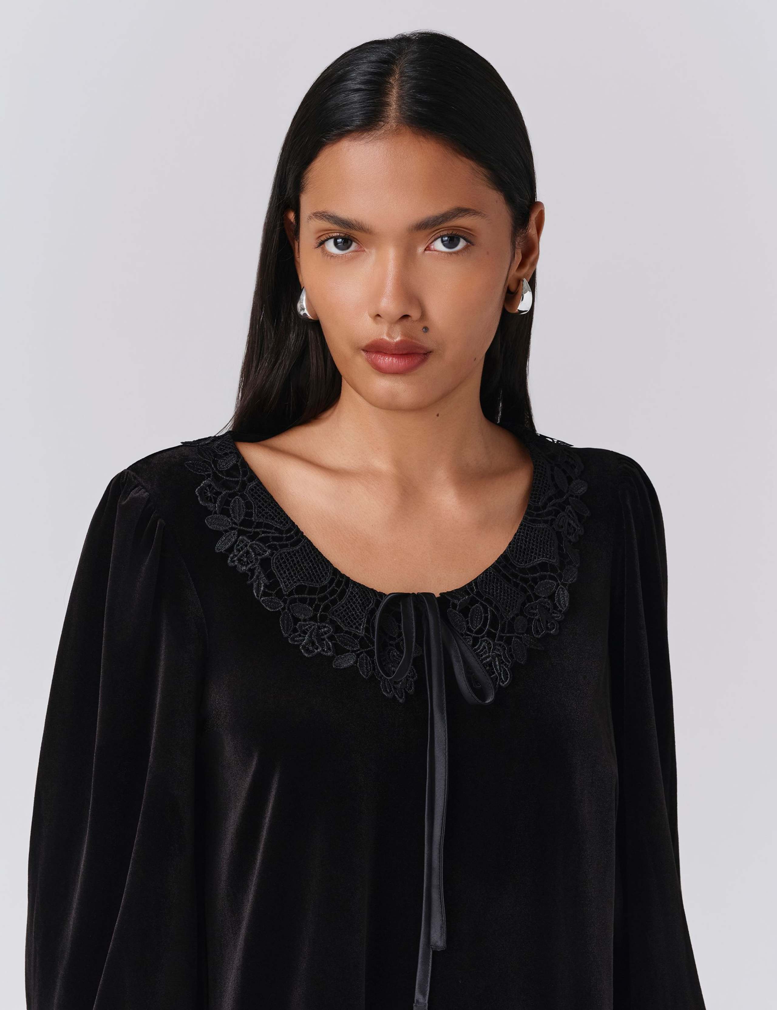 Velvet Tie Neck Lace Detail Blouse 5 of 6
