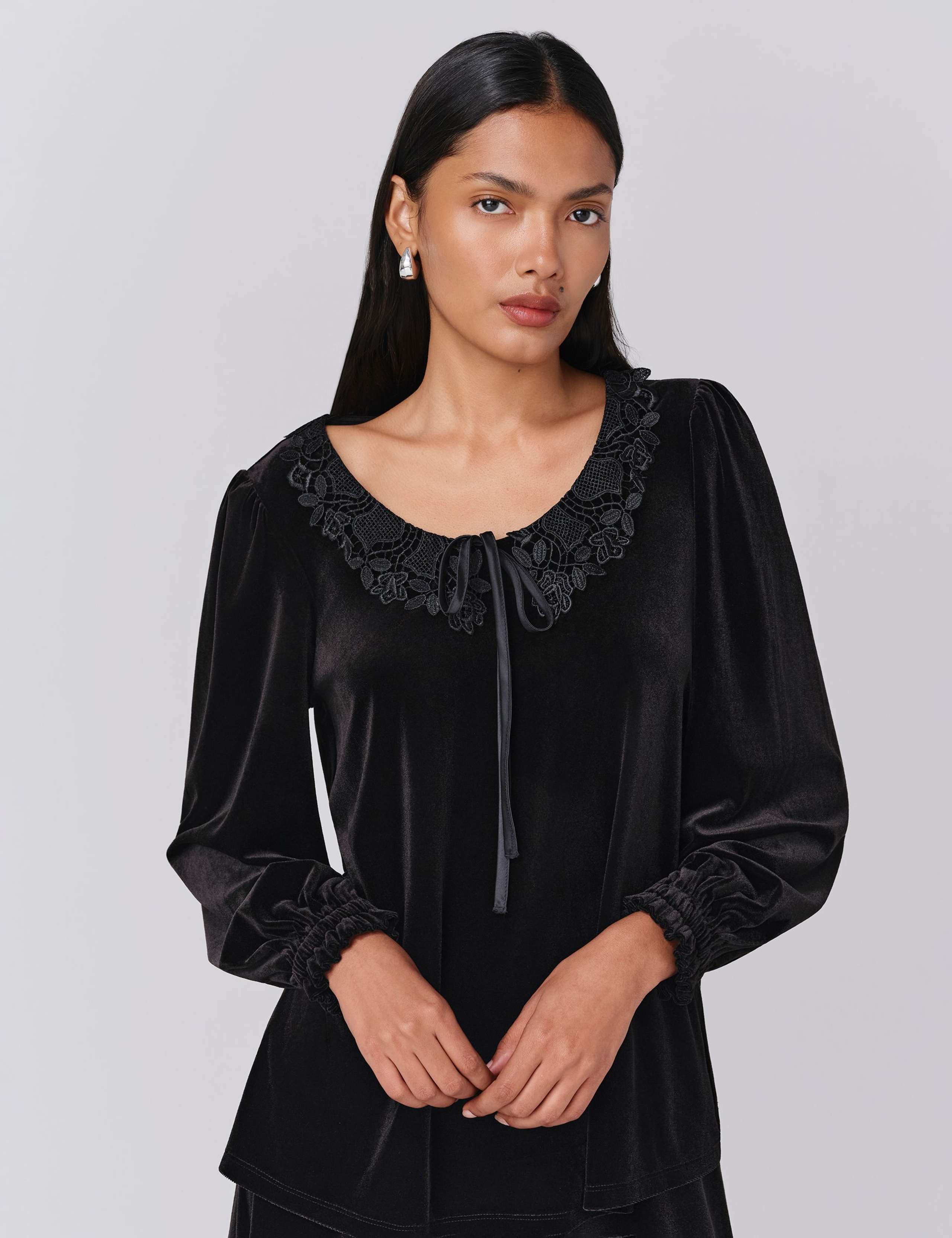 Velvet Tie Neck Lace Detail Blouse 6 of 6