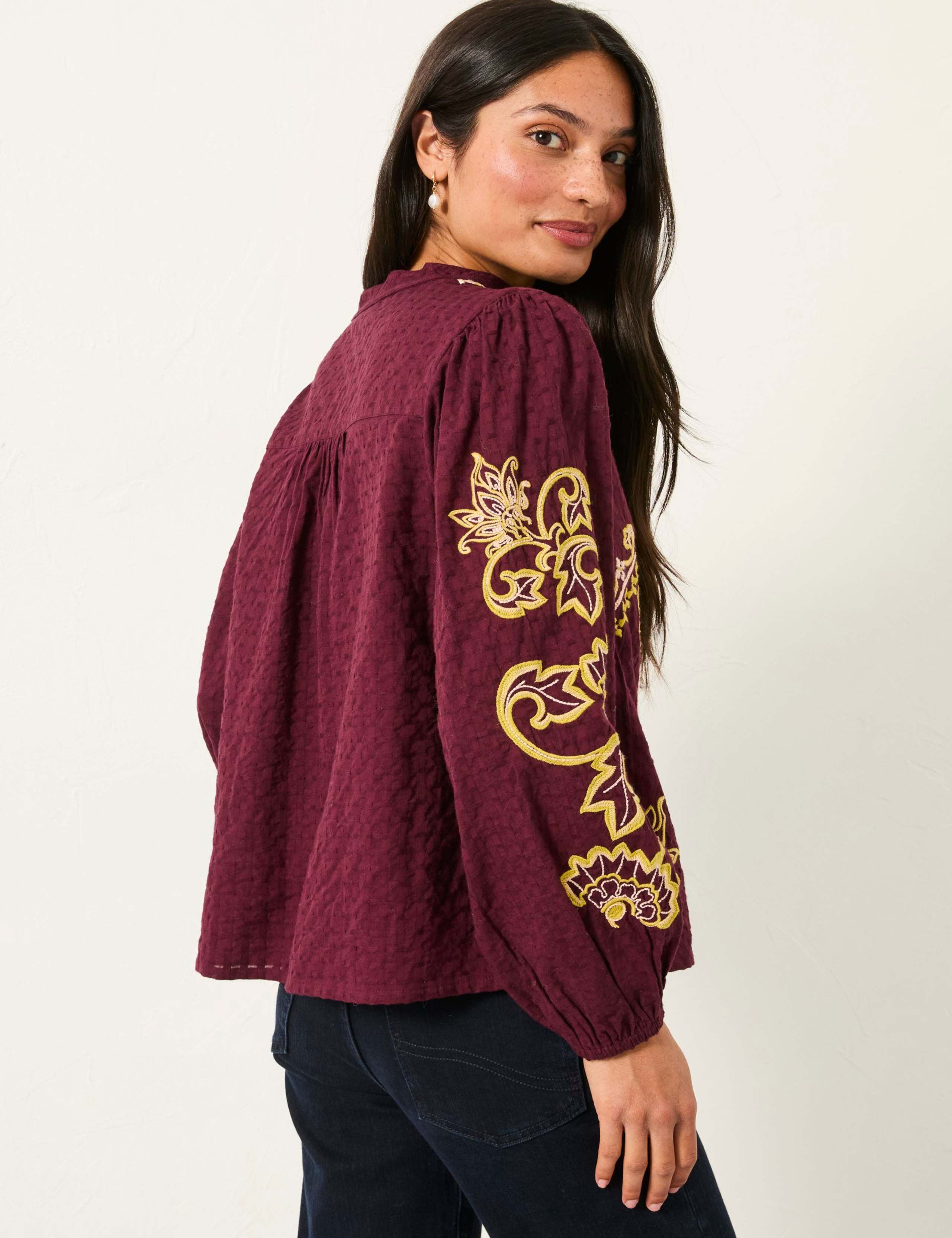 Pure Cotton Embroidered V-Neck Blouse 3 of 6