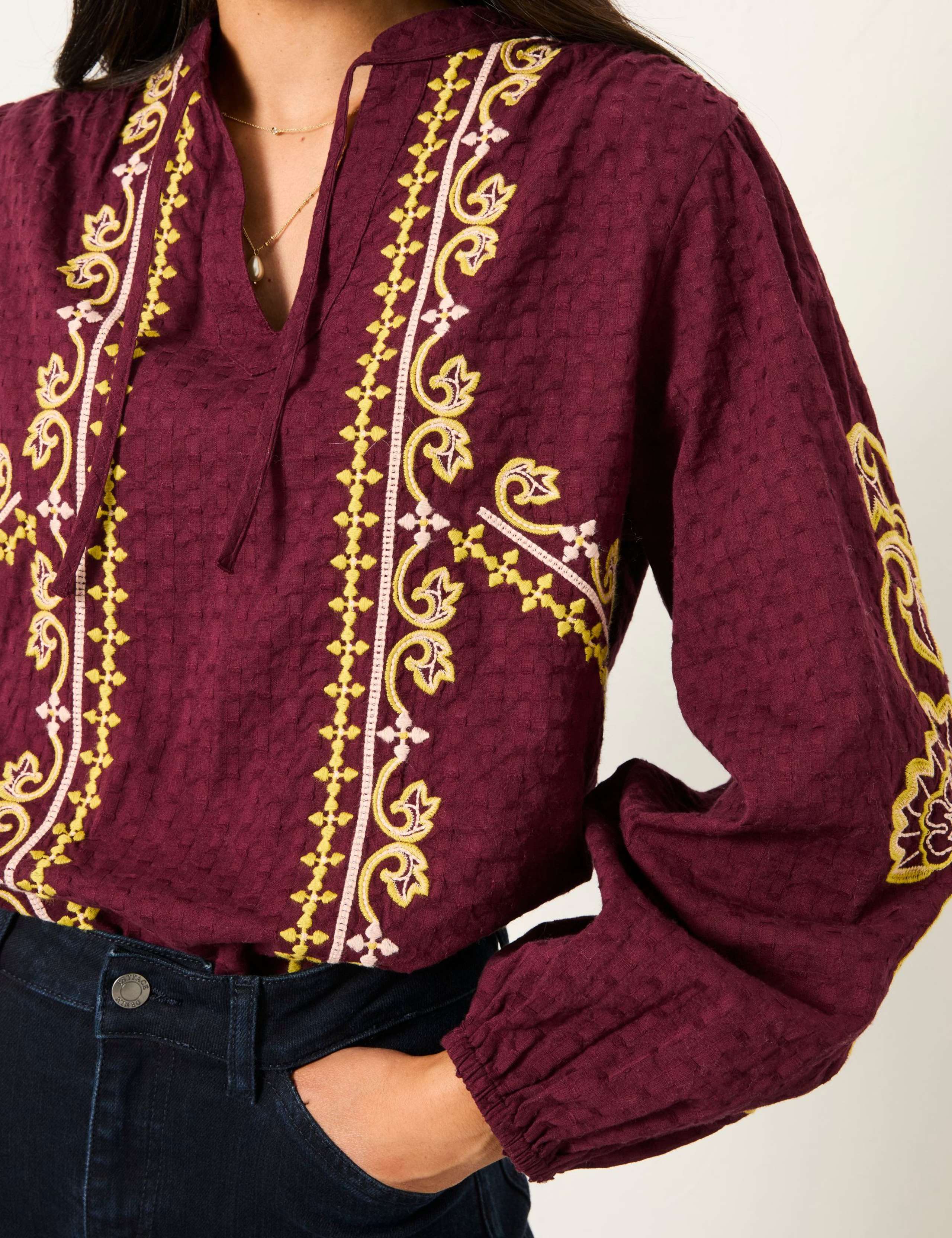 Pure Cotton Embroidered V-Neck Blouse 5 of 6