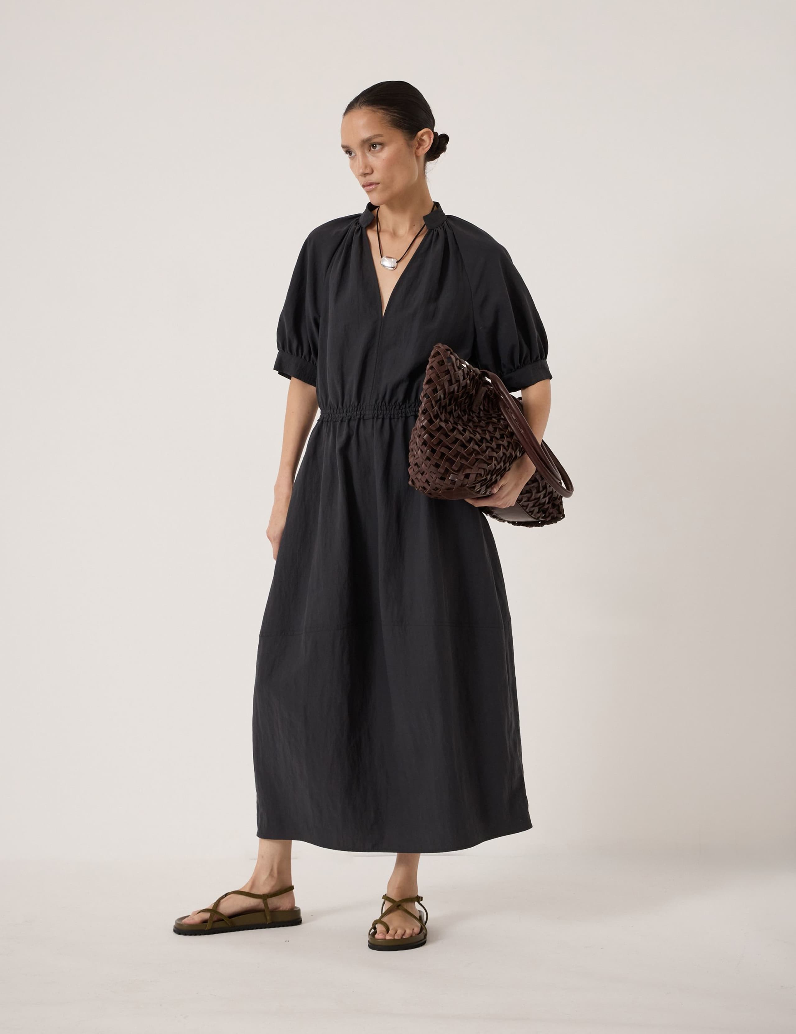 Lyocell Rich Short Sleeve Midi Waisted Dress 1 of 5