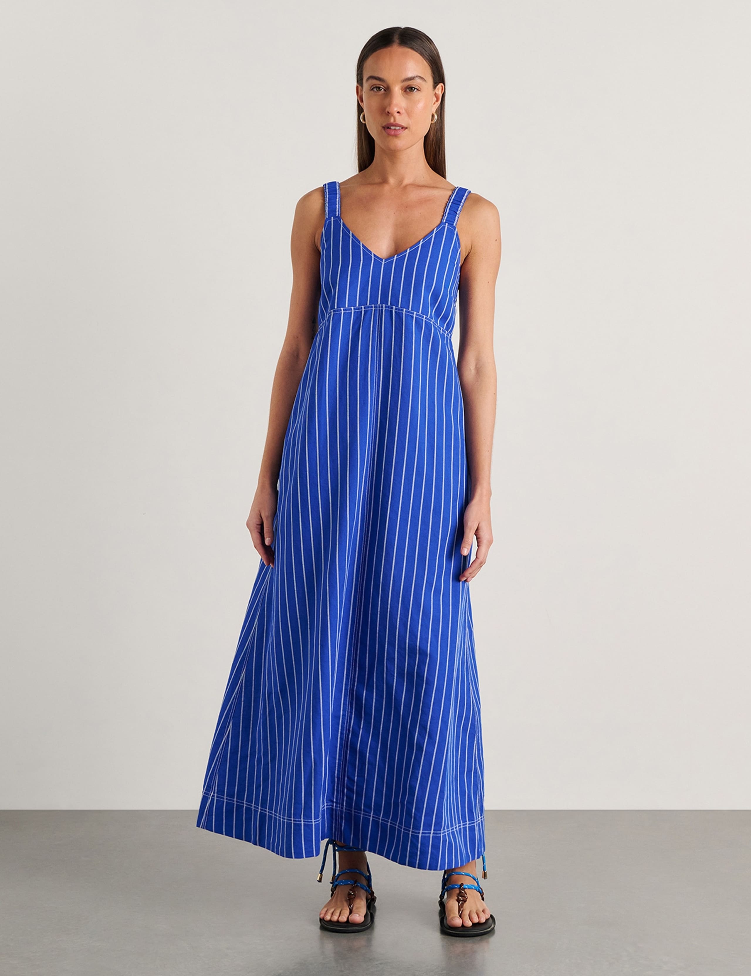 Linen Rich Striped V Neck Midi Dress 1 of 5