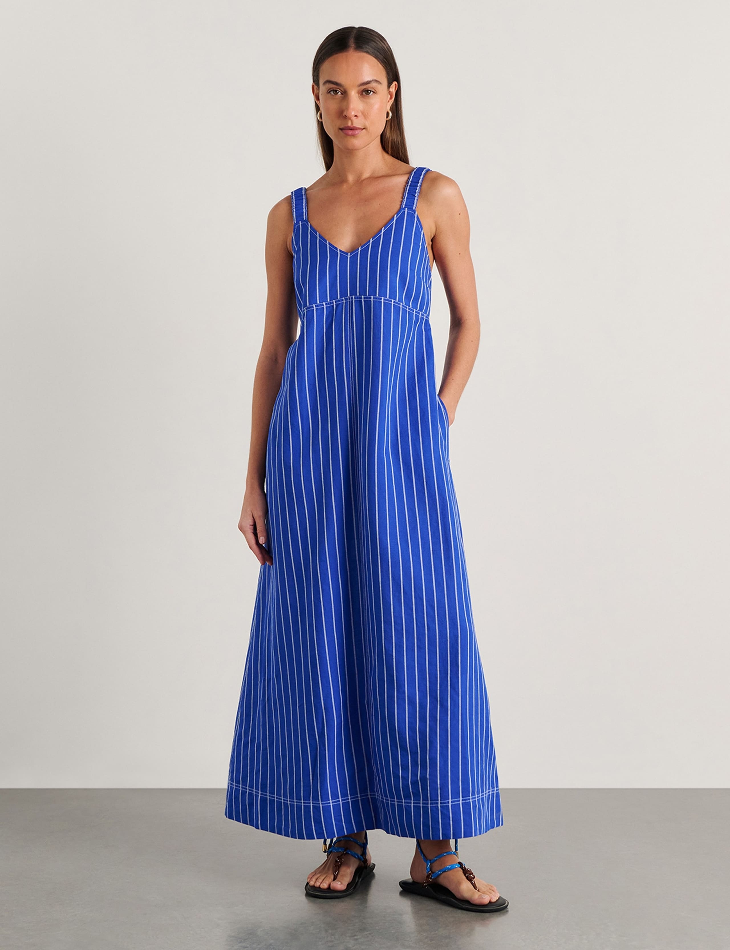 Linen Rich Striped V Neck Midi Dress 2 of 5