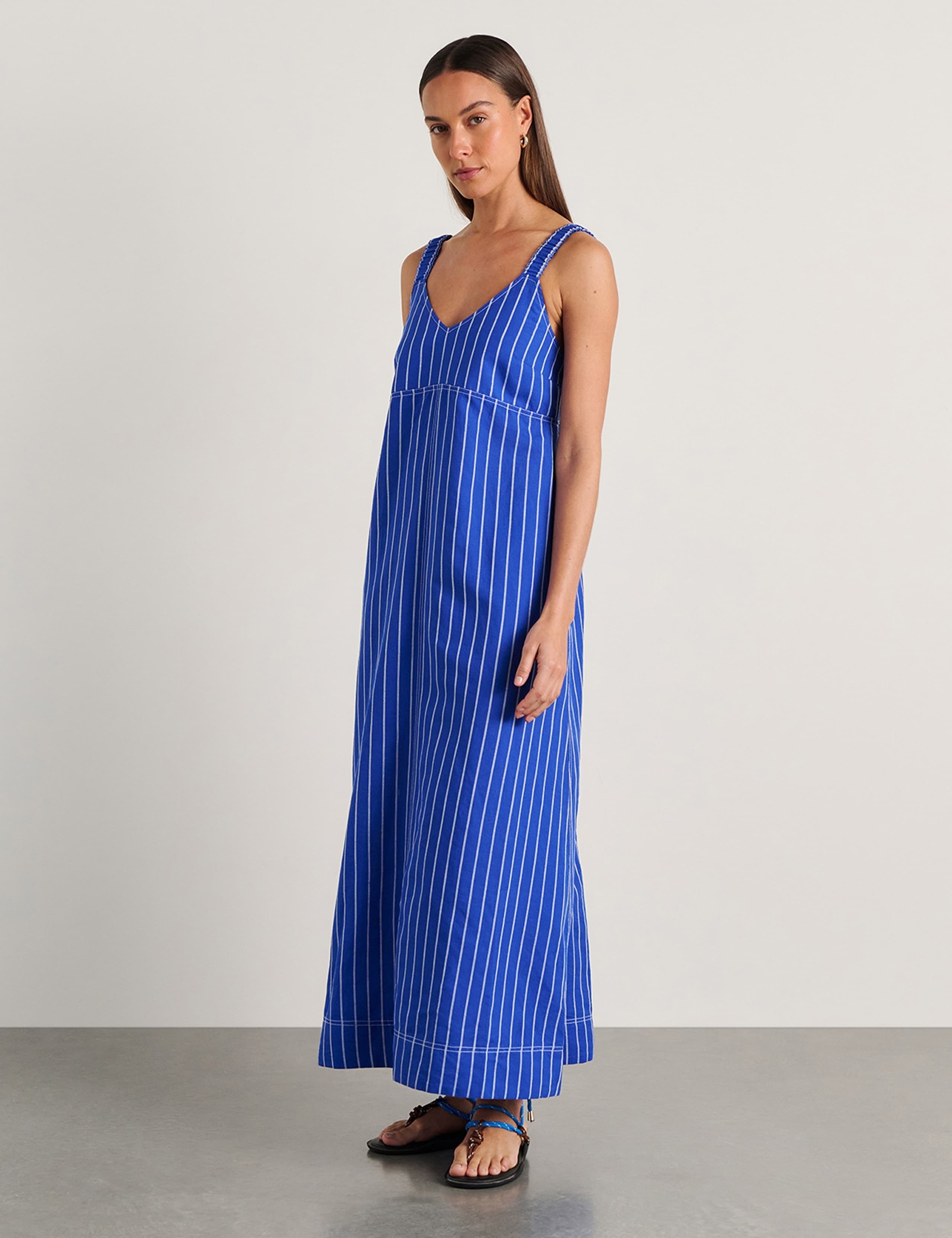 Linen Rich Striped V Neck Midi Dress 4 of 5