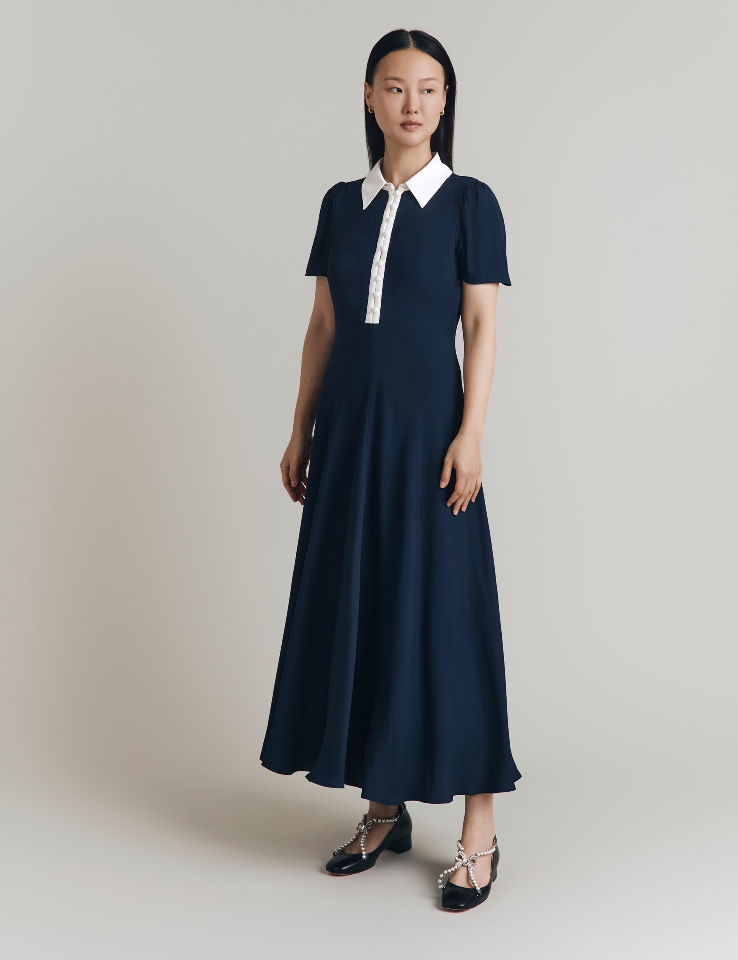 Satin Contrast Collar Midi Shirt Dress 3 of 4