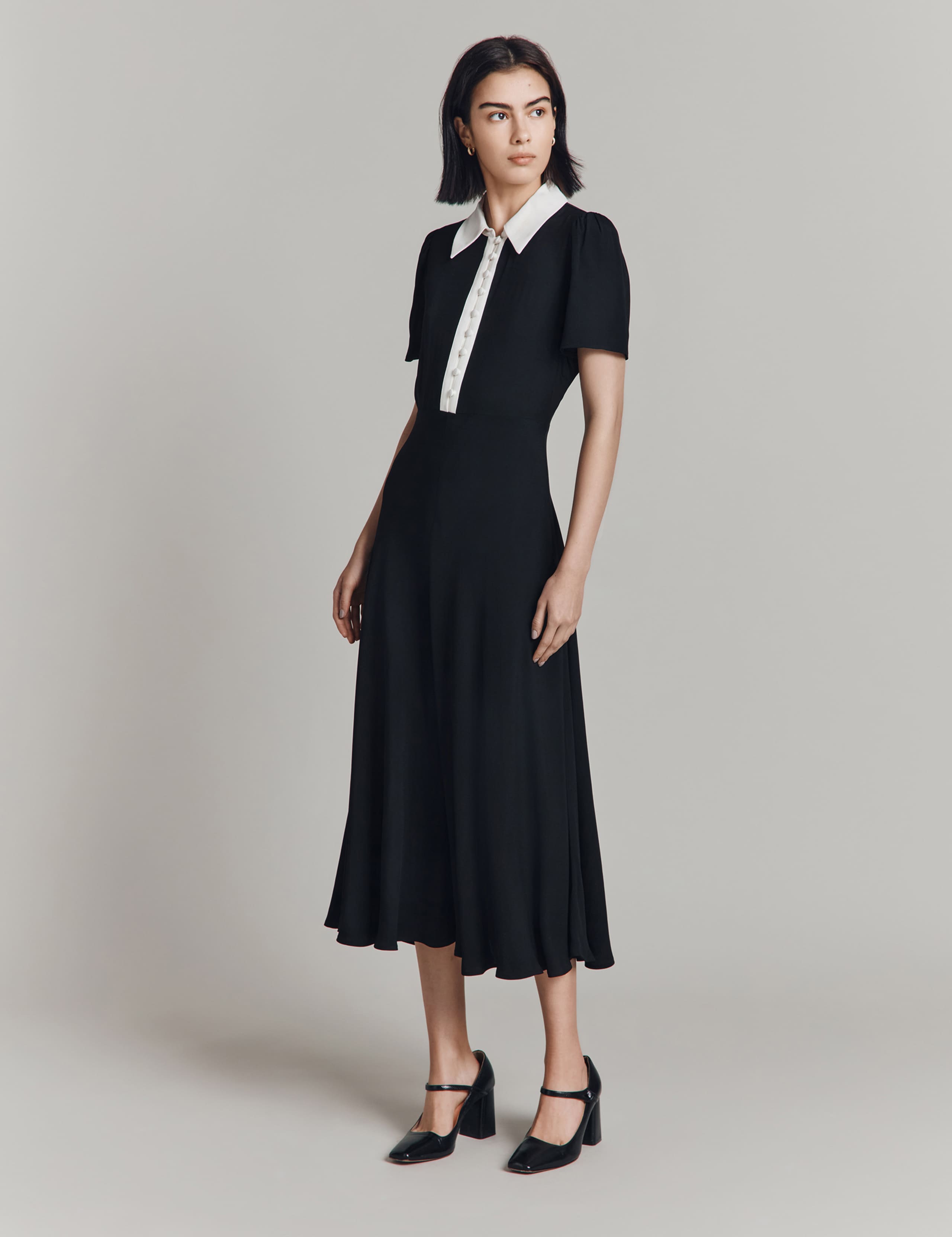 Satin Contrast Collar Midi Shirt Dress 3 of 4